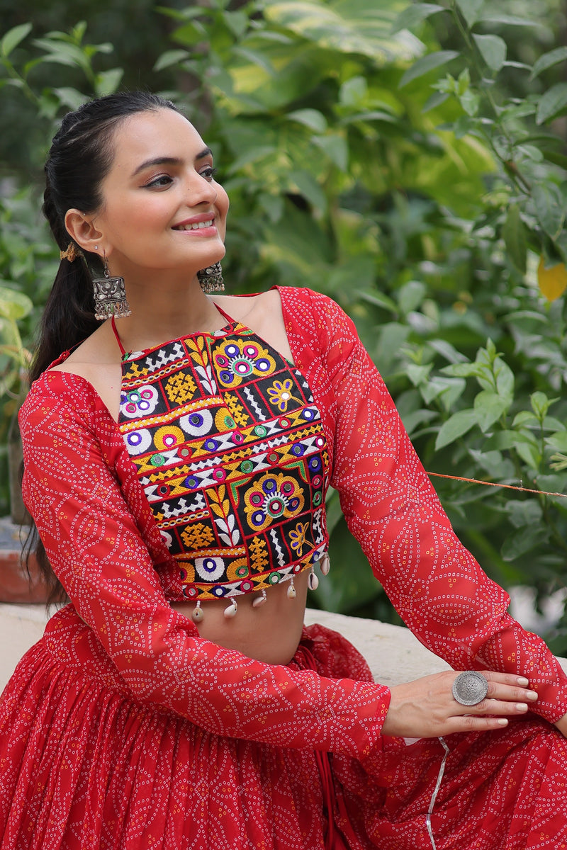 Womenline Red Color Faux Georgette Navratri Lehenga Choli