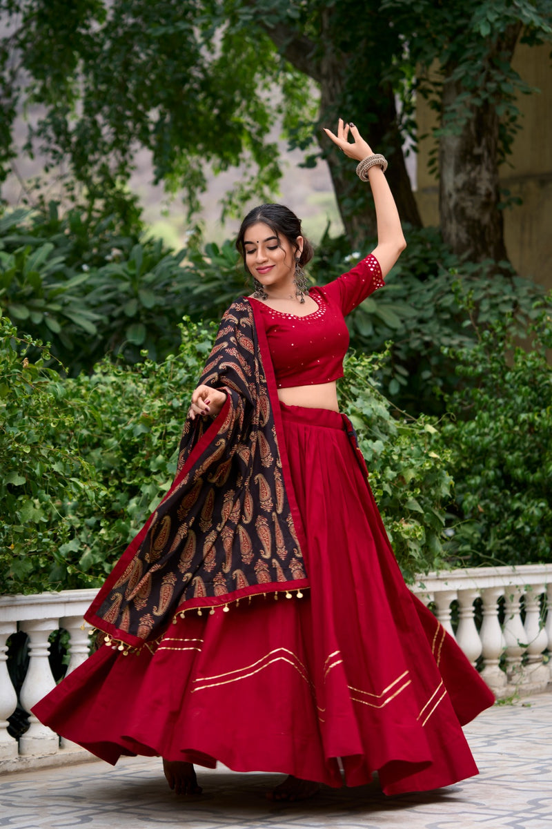 Womenline Maroon Color Pure Cotton Navratri Lehenga Choli