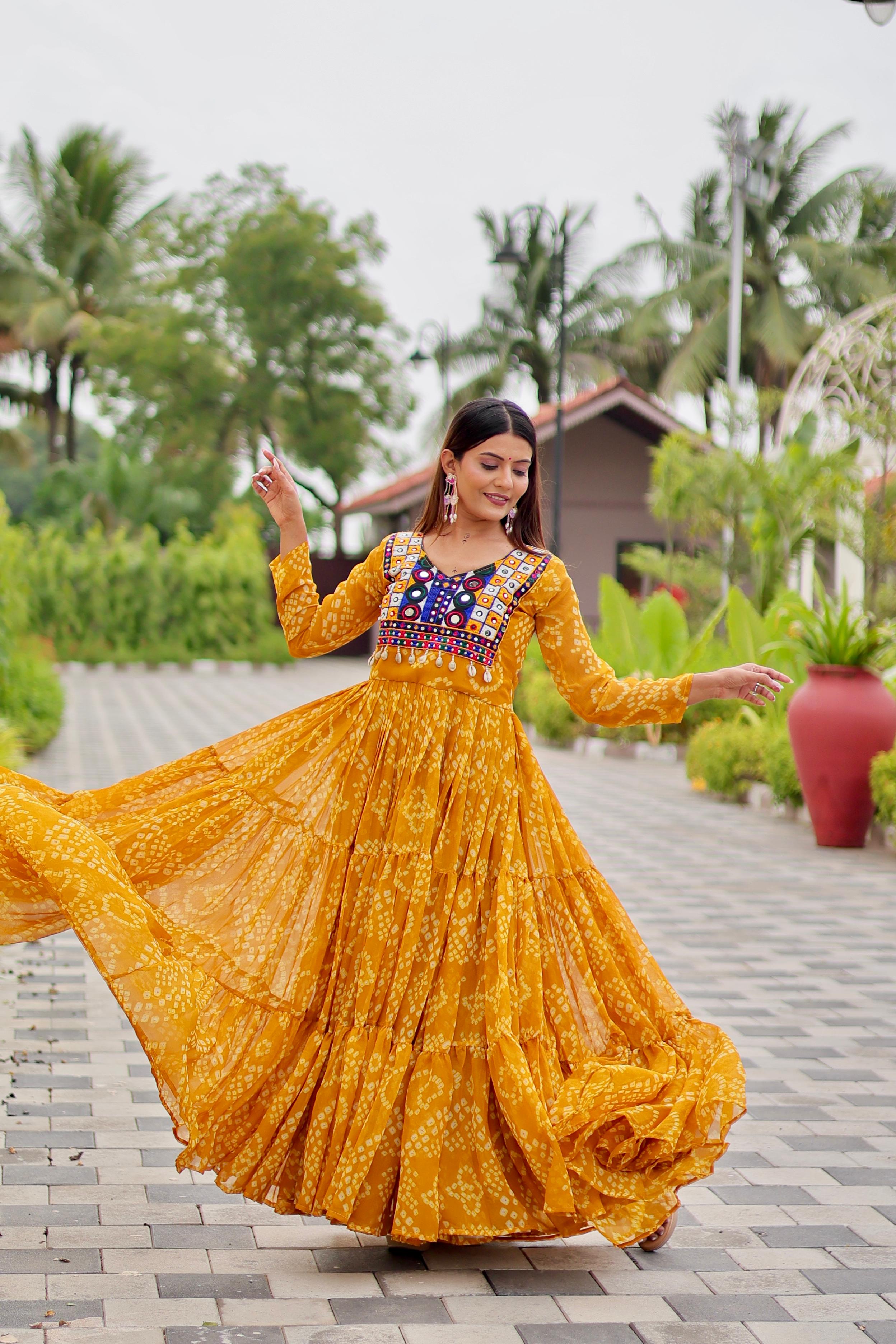 Womenline Musterd Color Georgette Navratri Gown