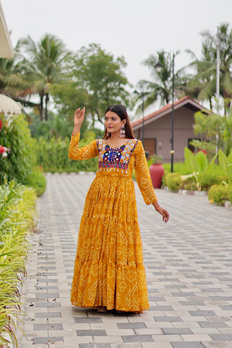 Womenline Musterd Color Georgette Navratri Gown