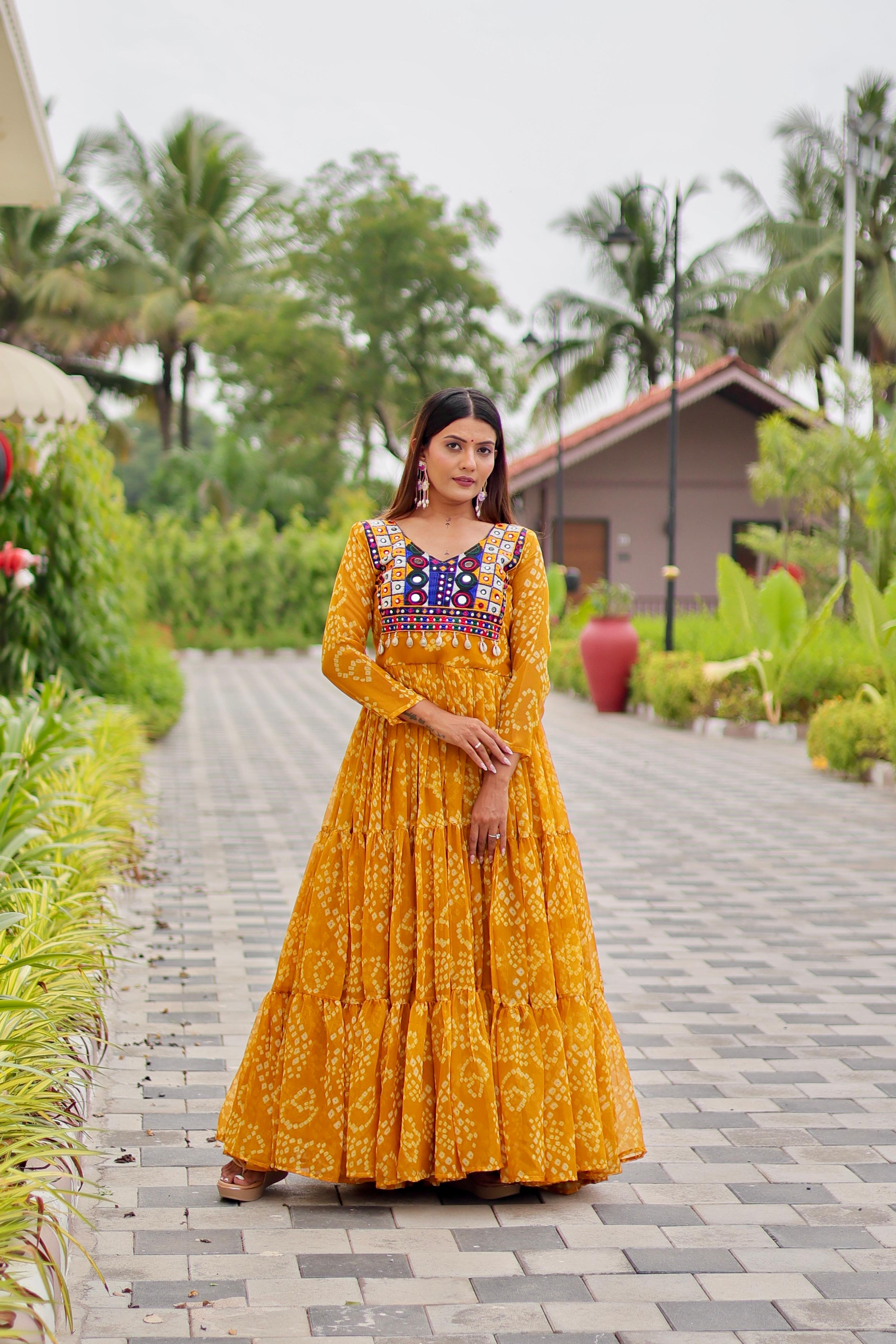 Womenline Musterd Color Georgette Navratri Gown