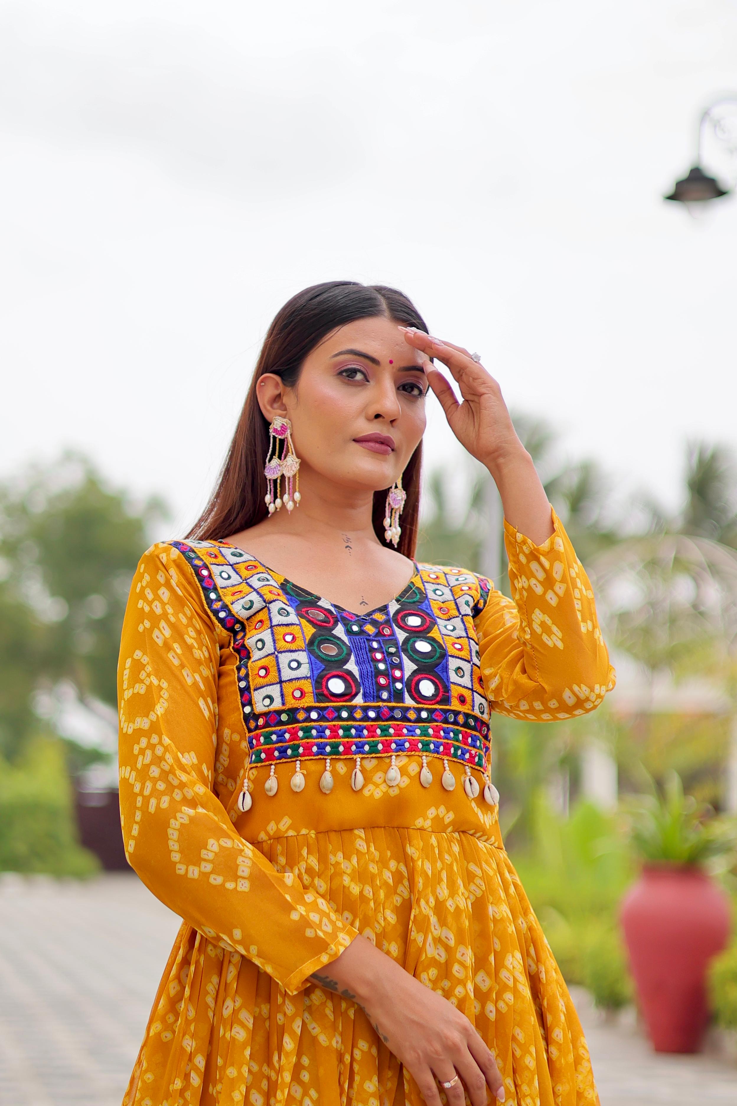 Womenline Musterd Color Georgette Navratri Gown