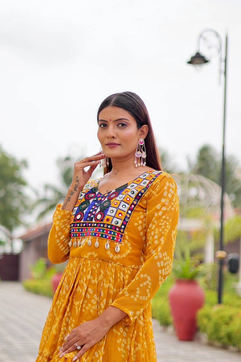 Womenline Musterd Color Georgette Navratri Gown