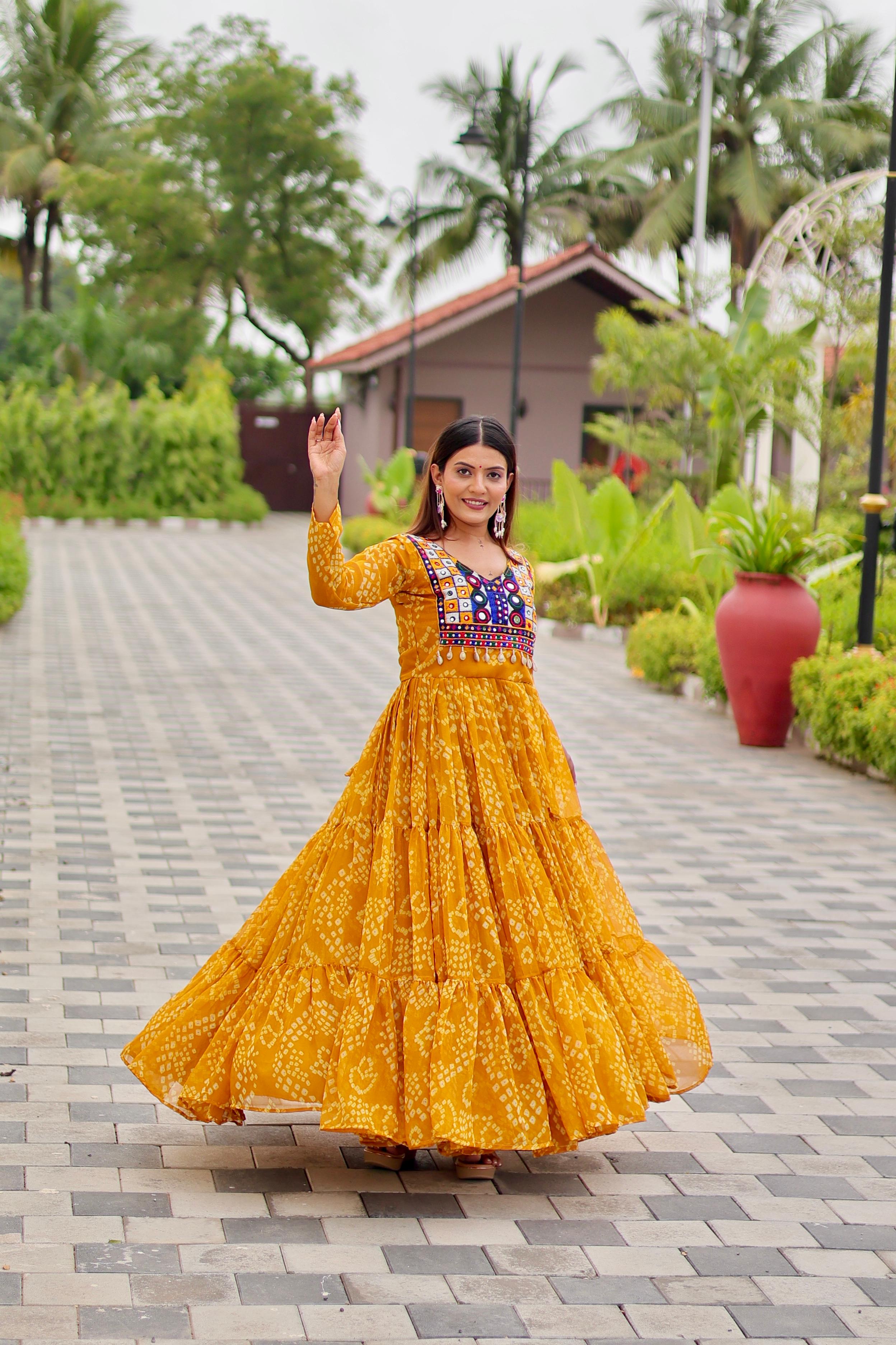 Womenline Musterd Color Georgette Navratri Gown