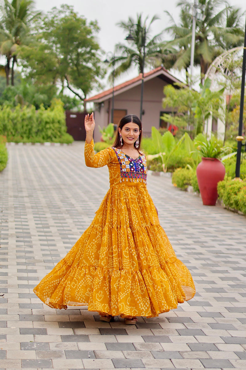 Womenline Musterd Color Georgette Navratri Gown