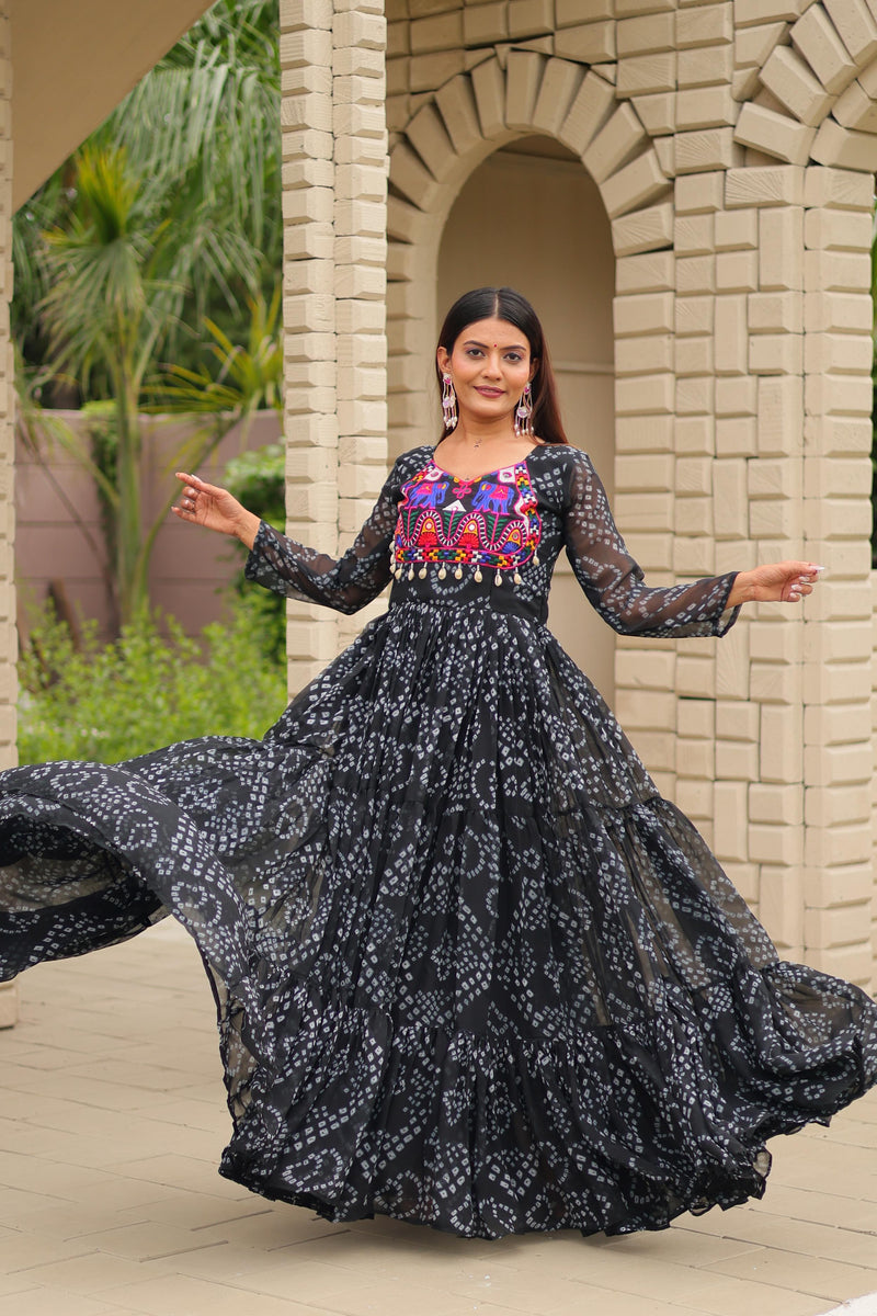 Womenline Black Color Georgette Navratri Gown