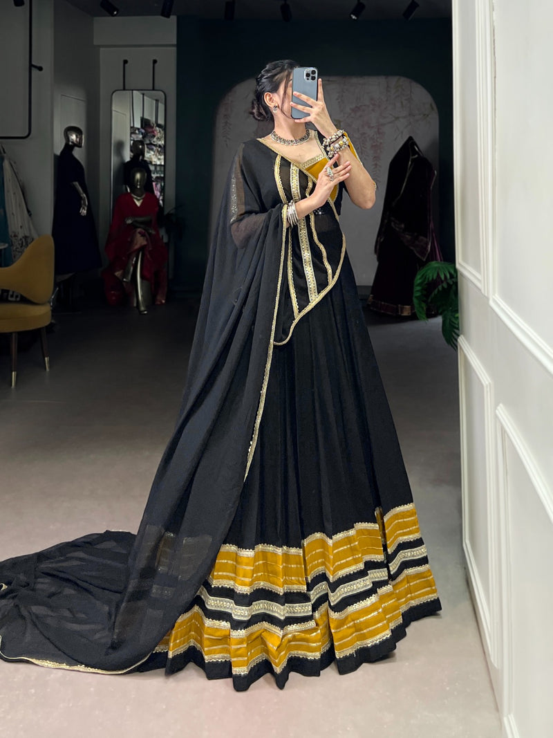Womenline Black and Mustard Navratri Flared Navratri Lehenga Choli Set