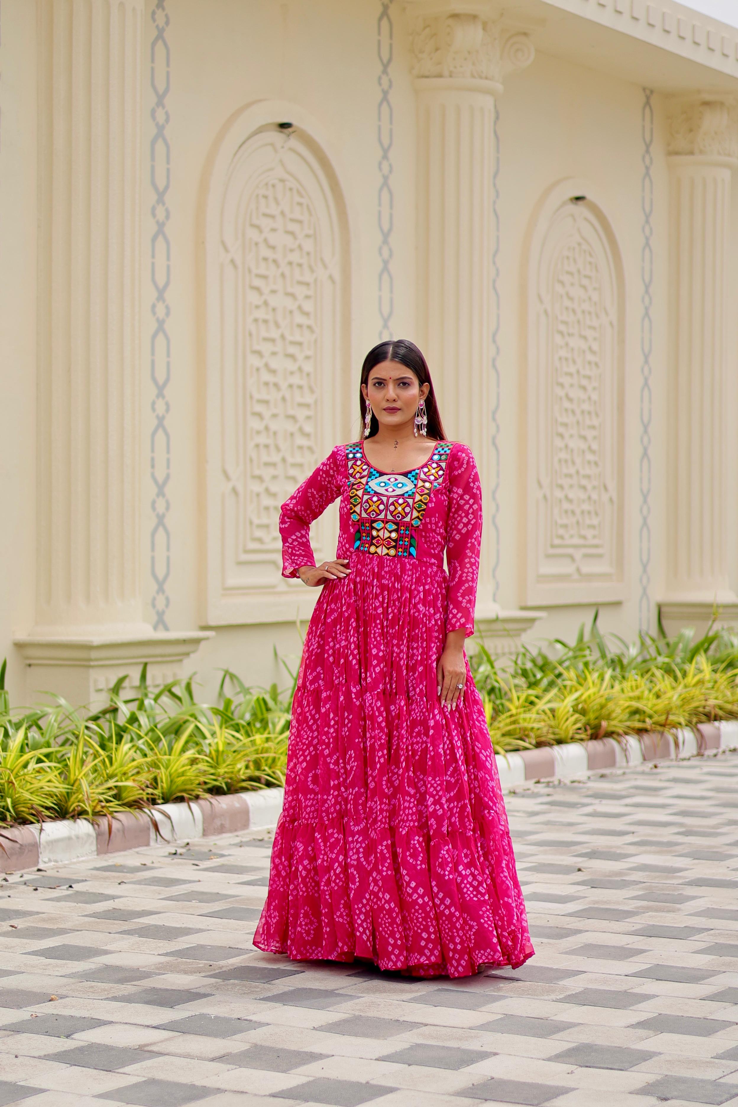 Womenline Orange Color Georgette Navratri Gown