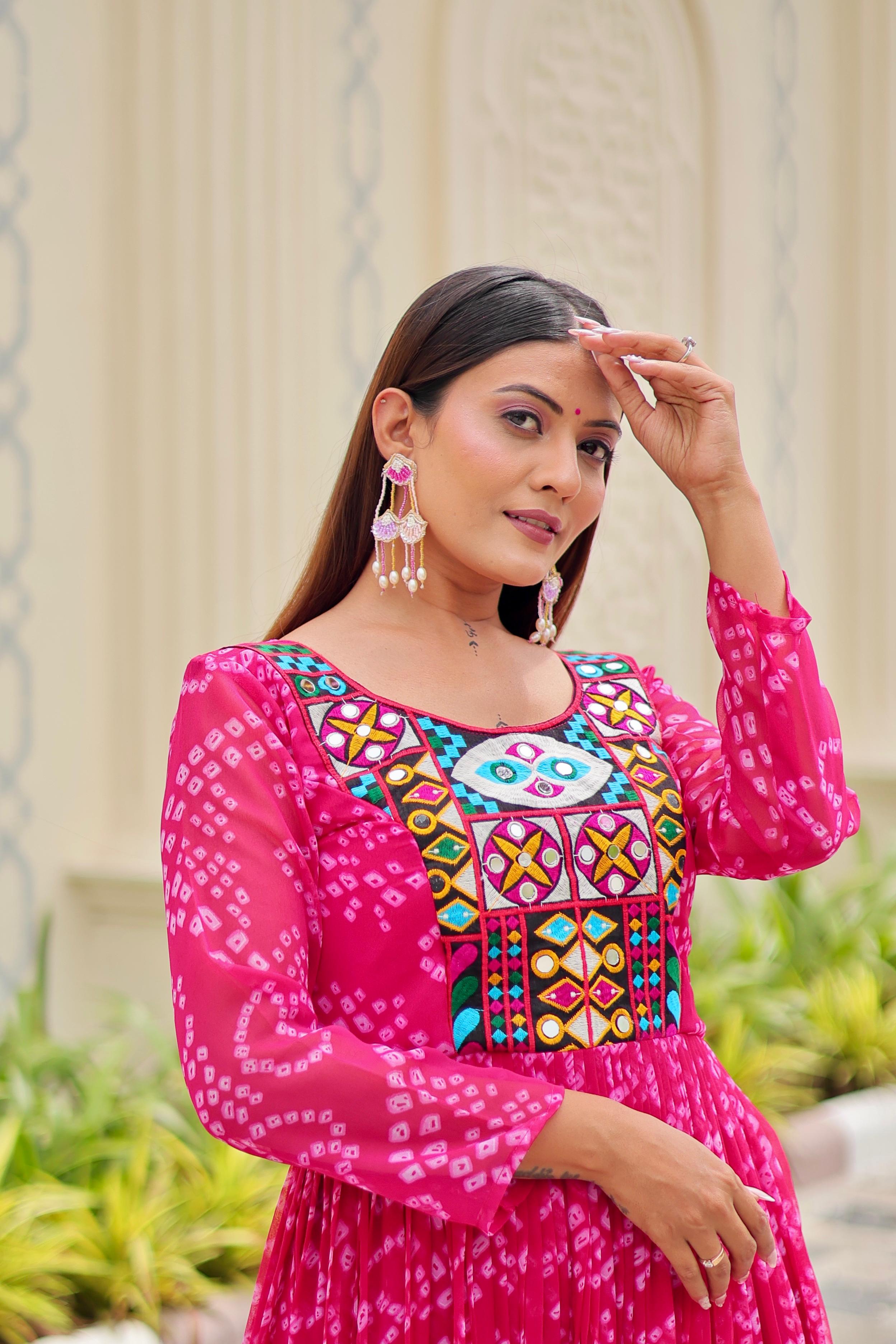 Womenline Orange Color Georgette Navratri Gown