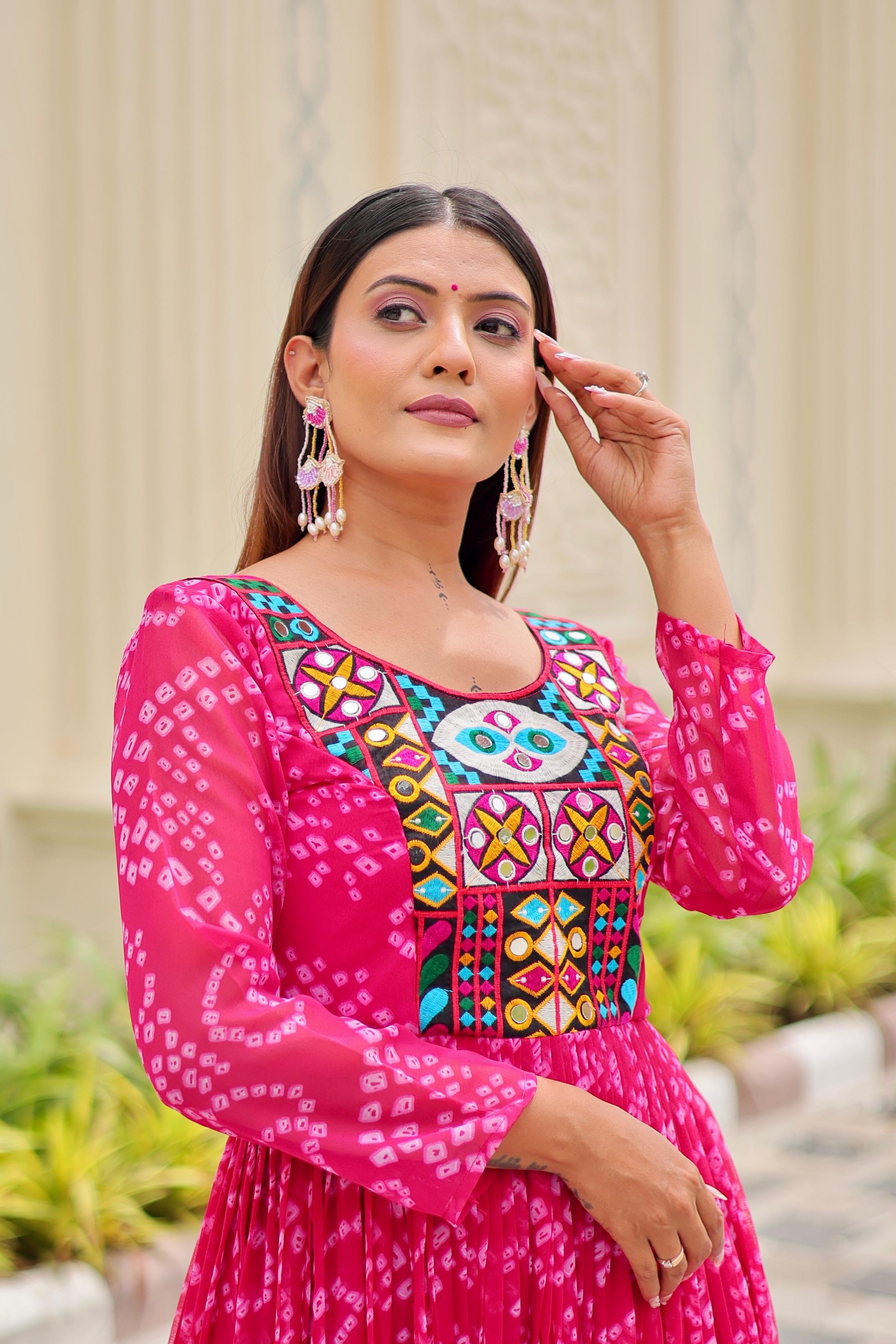 Womenline Orange Color Georgette Navratri Gown