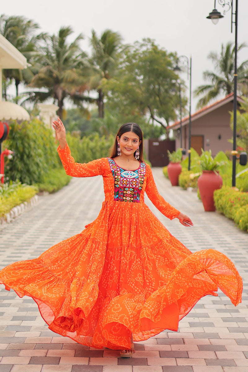 Womenline Orange Color Georgette Navratri Gown