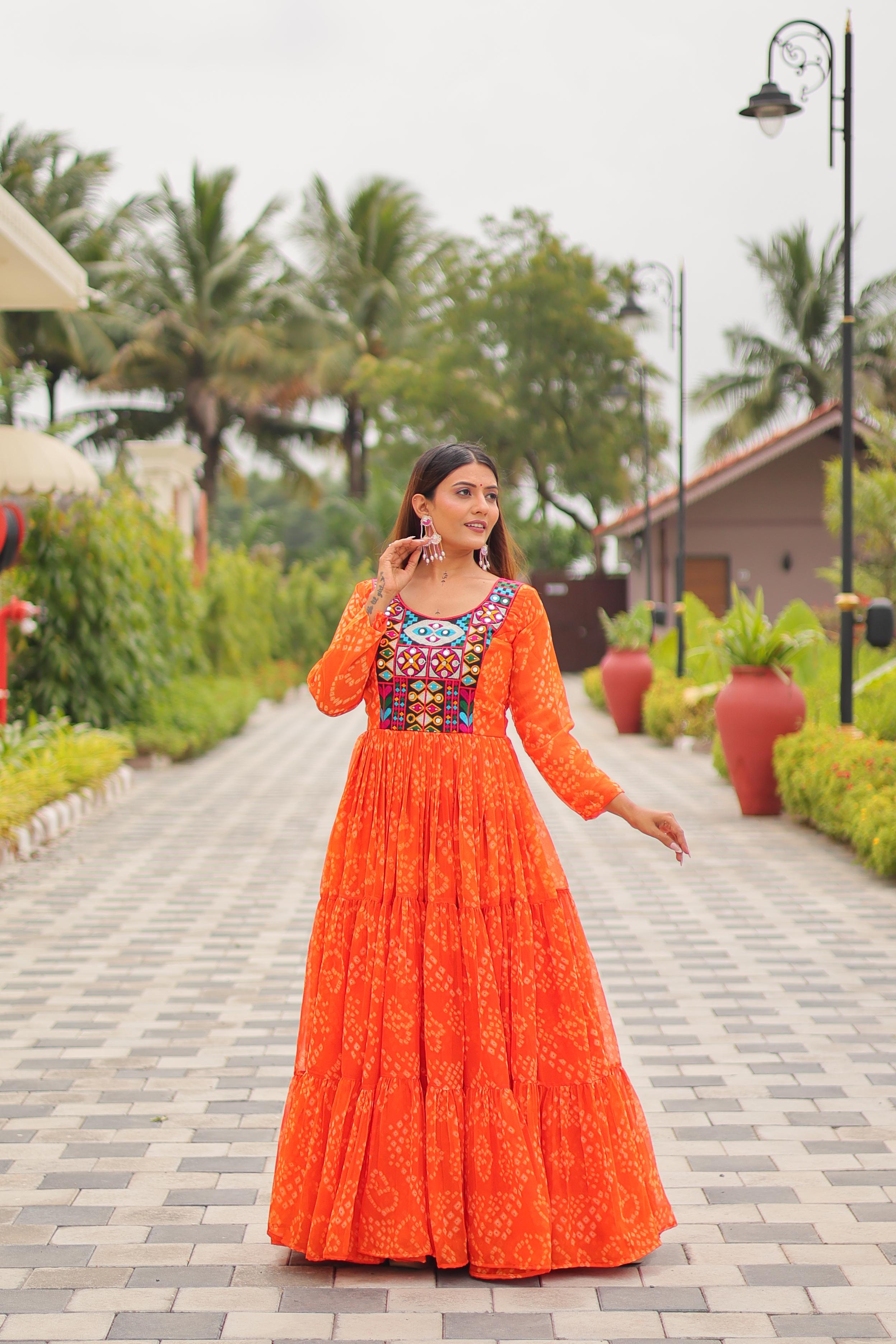 Womenline Orange Color Georgette Navratri Gown