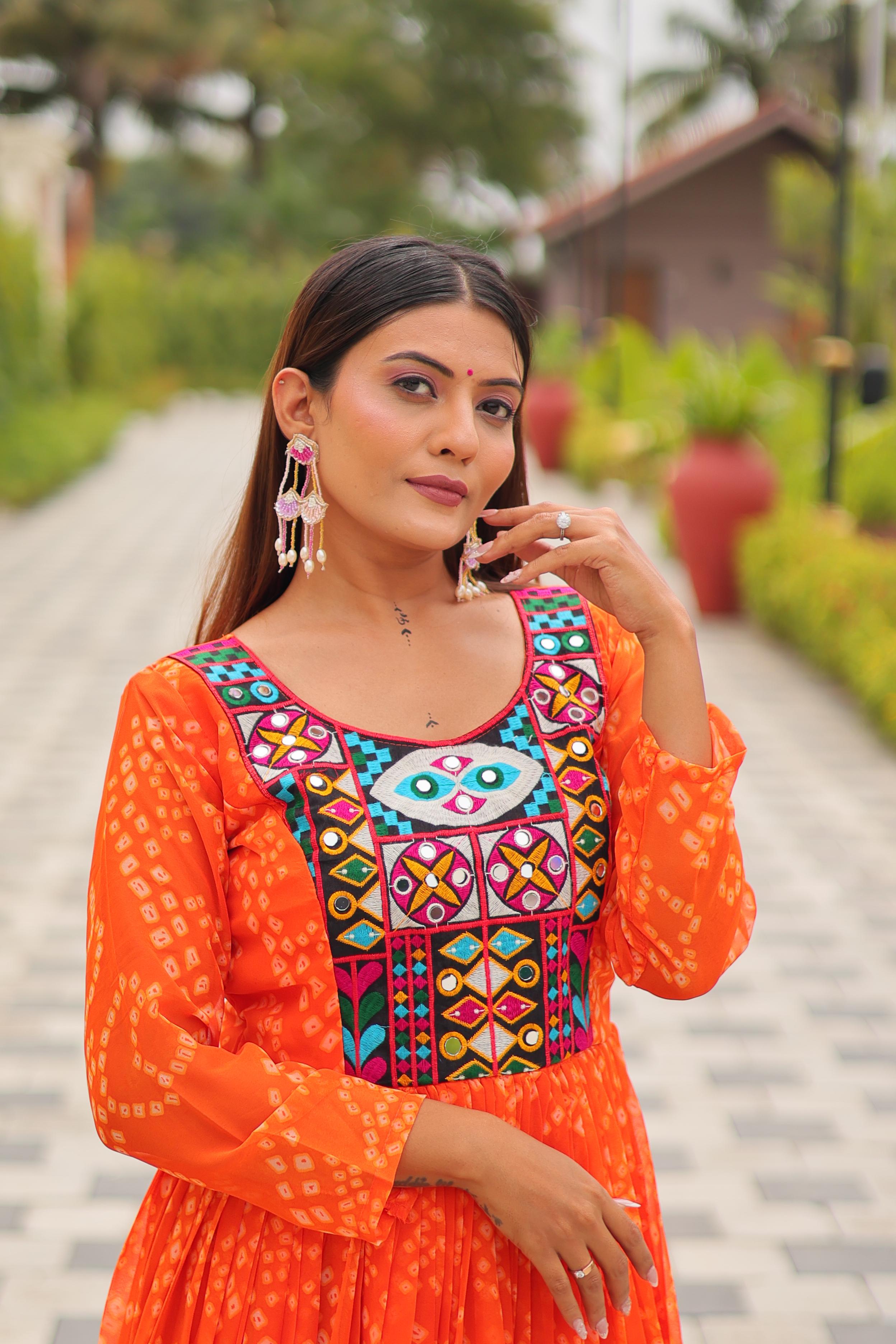 Womenline Orange Color Georgette Navratri Gown