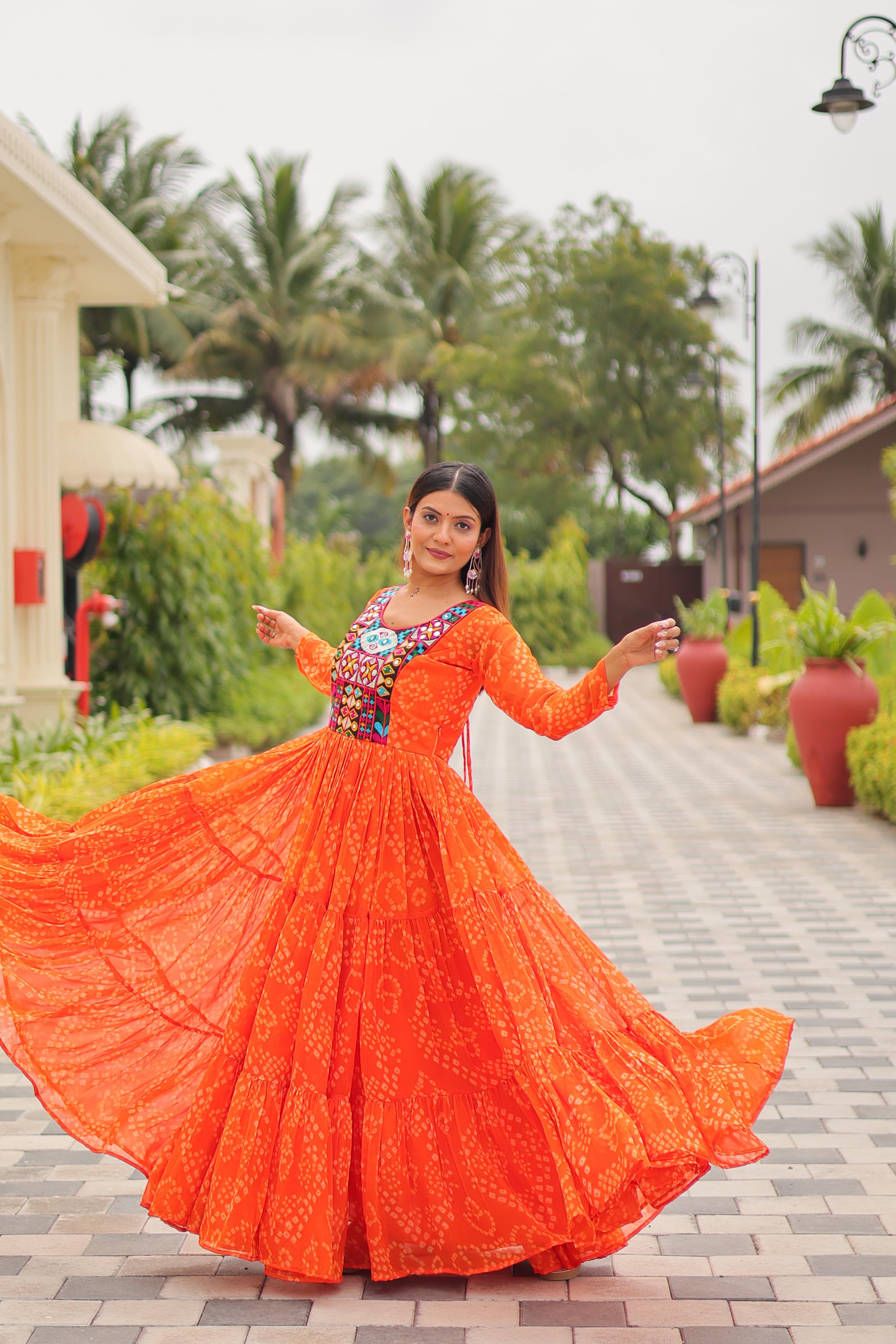 Womenline Orange Color Georgette Navratri Gown