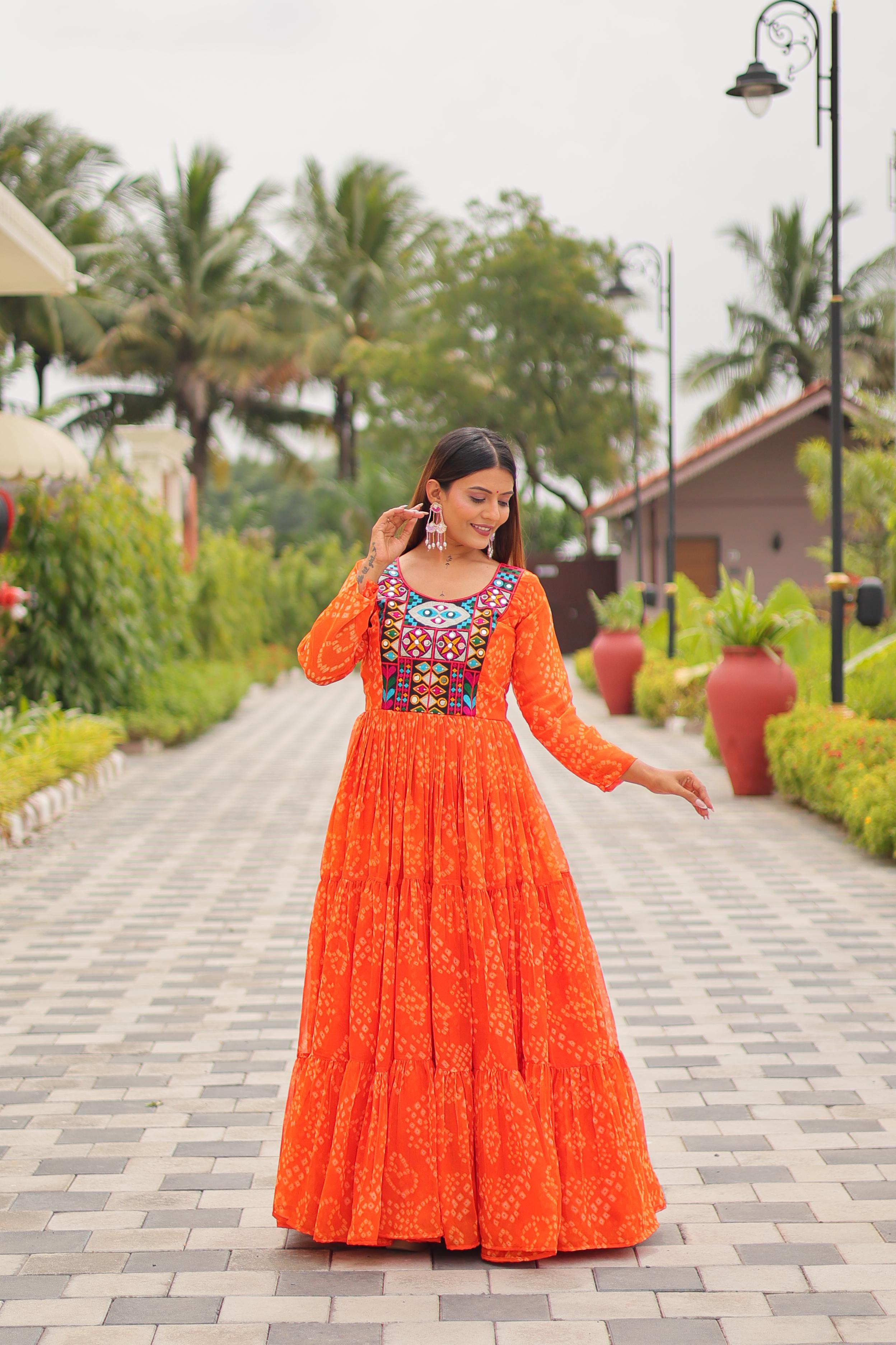 Womenline Orange Color Georgette Navratri Gown