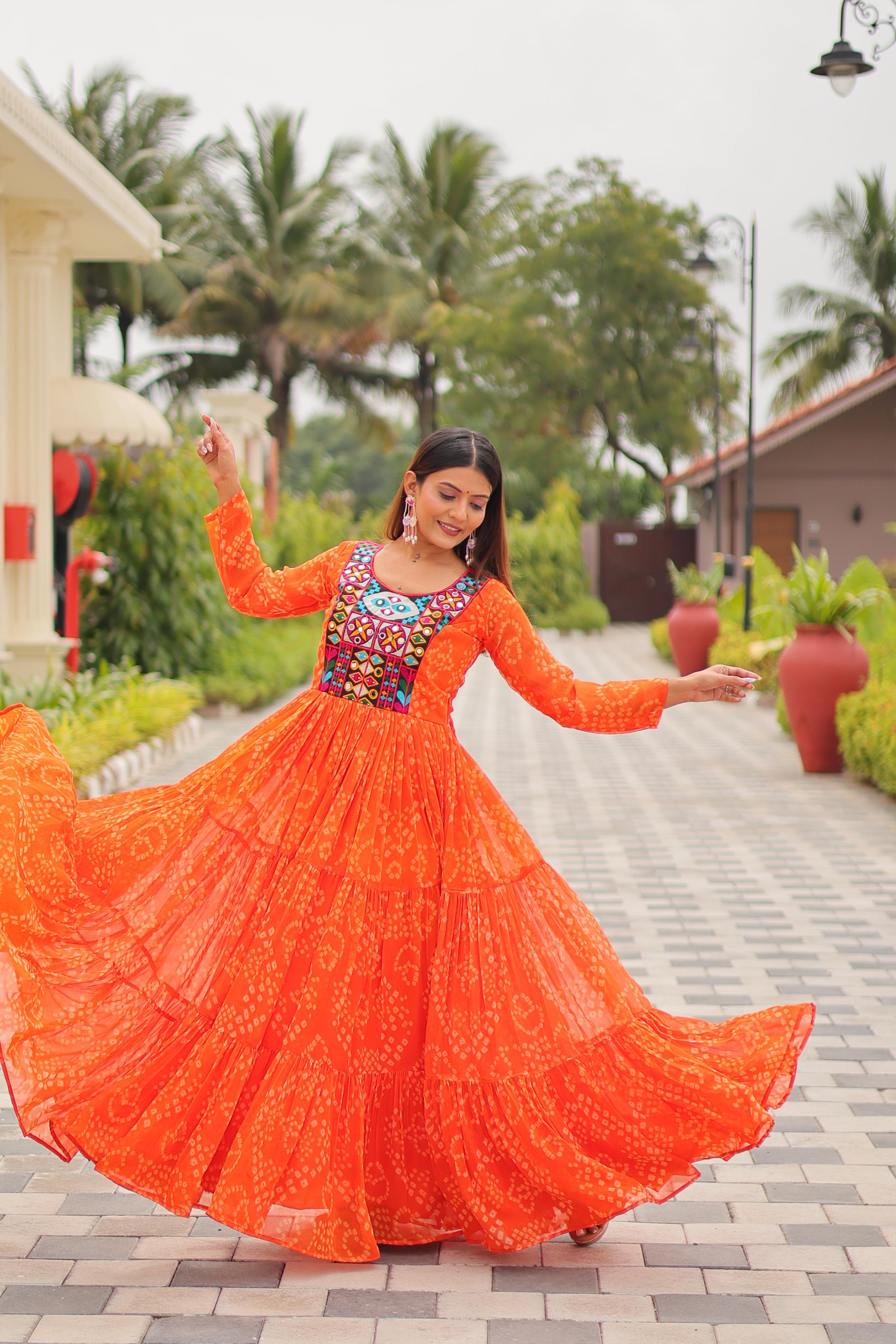Womenline Orange Color Georgette Navratri Gown