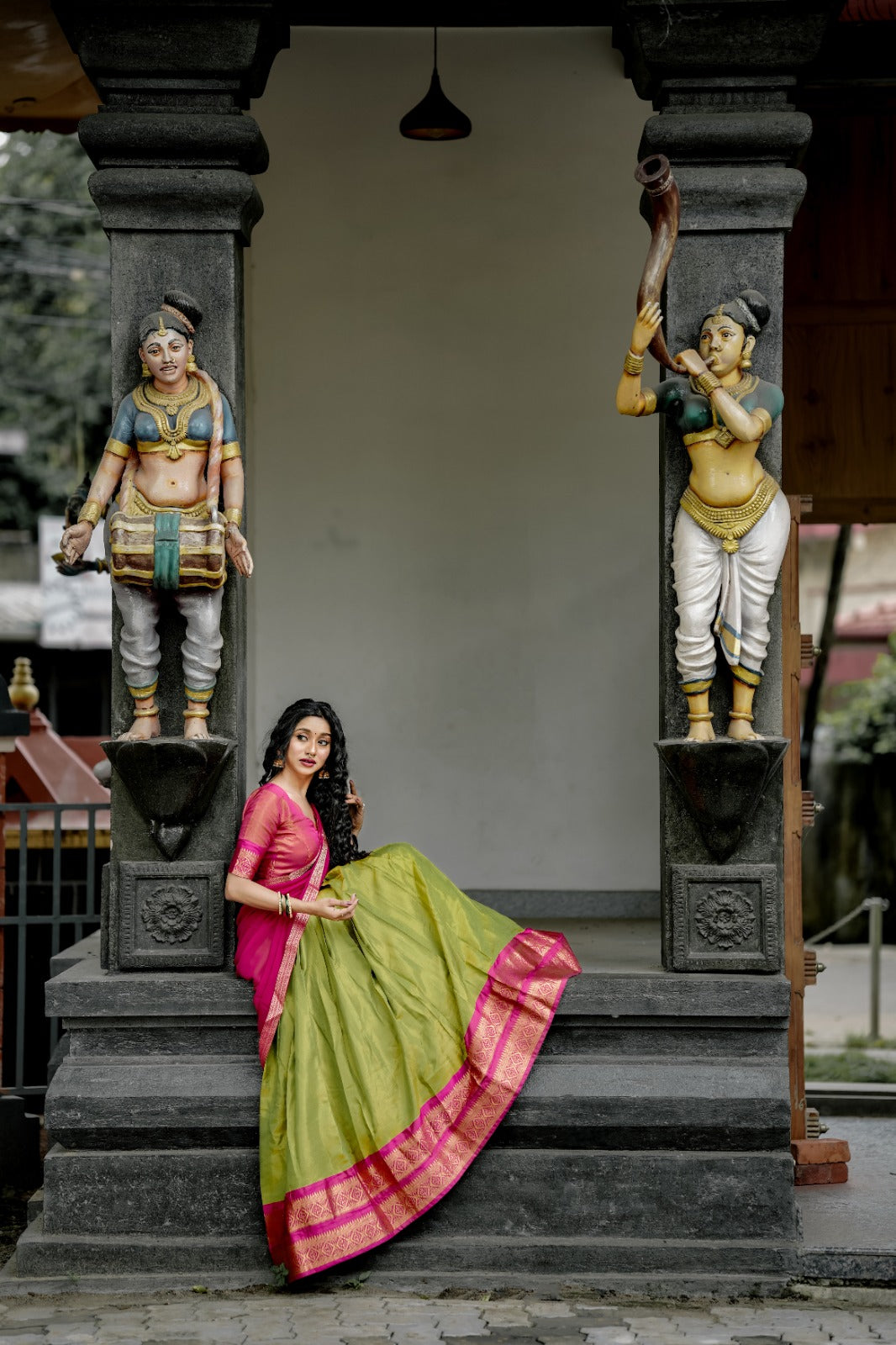 Womenline Perot Green and Pink Color Kanchipuram silk Half Saree