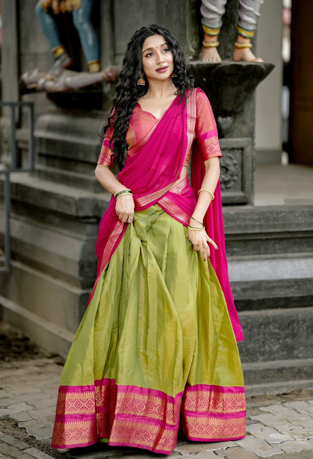 Womenline Perot Green and Pink Color Kanchipuram silk Half Saree