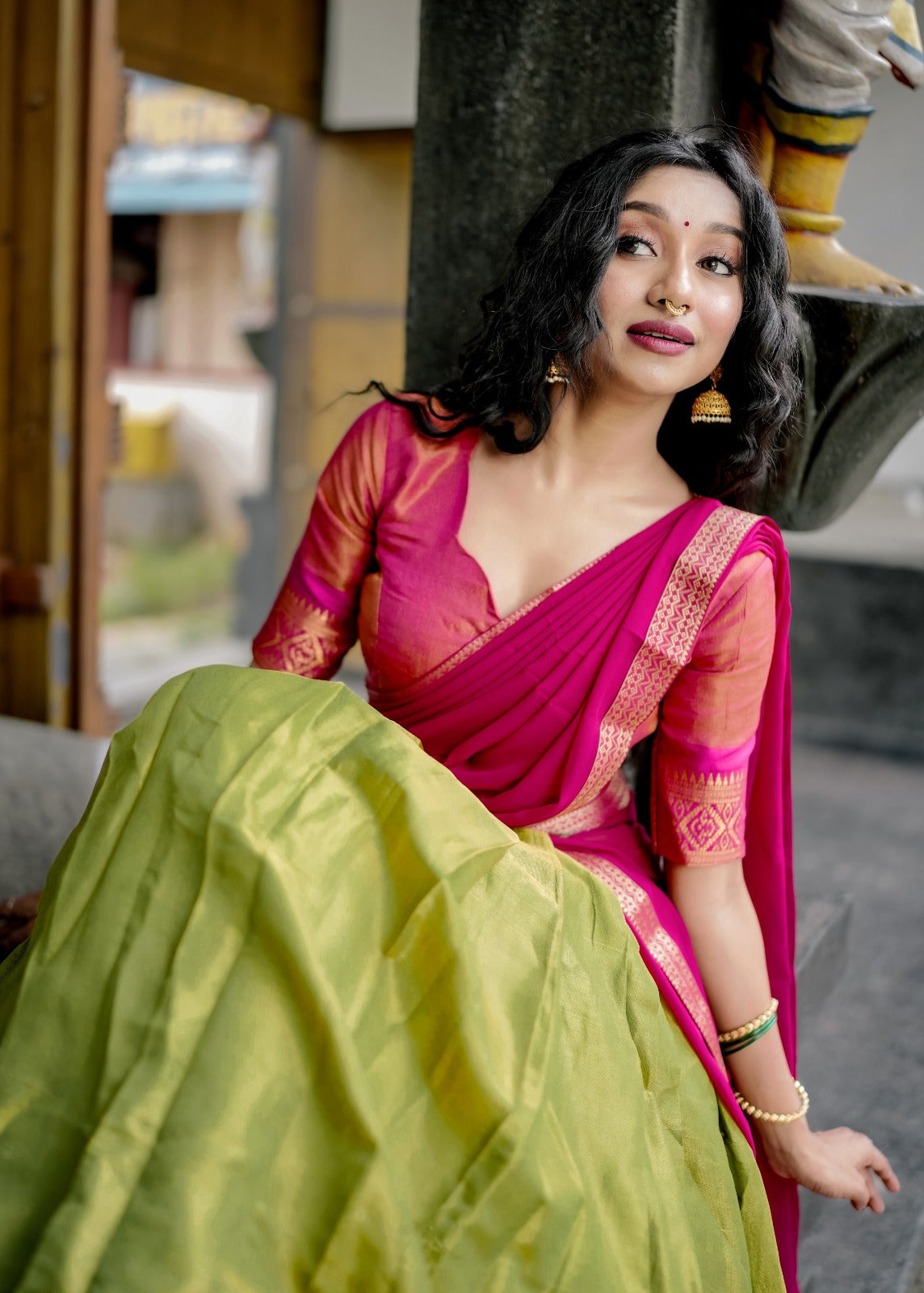 Womenline Perot Green and Pink Color Kanchipuram silk Half Saree