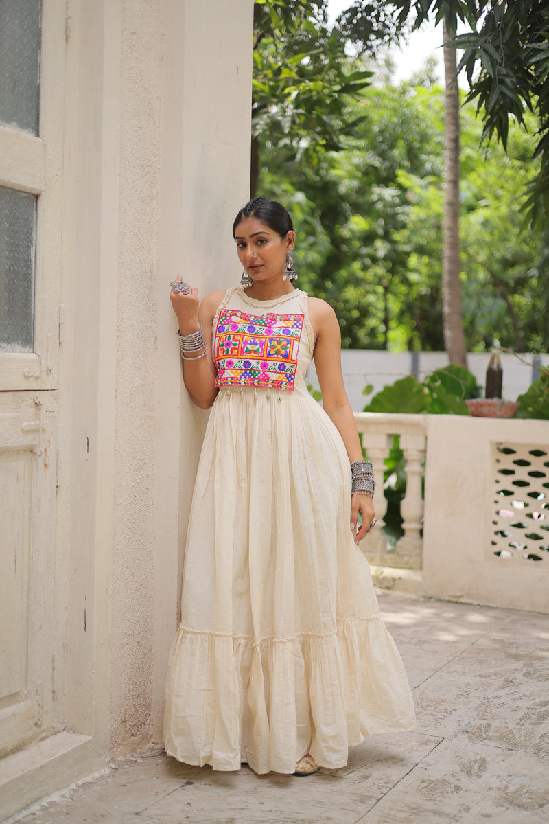 Womenline Off White Color Kora Cotton Navratri Lehenga Choli