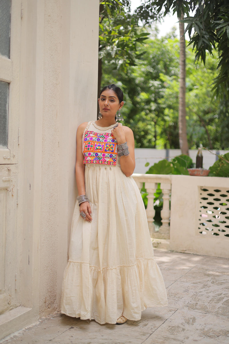 Womenline Off White Color Kora Cotton Navratri Lehenga Choli