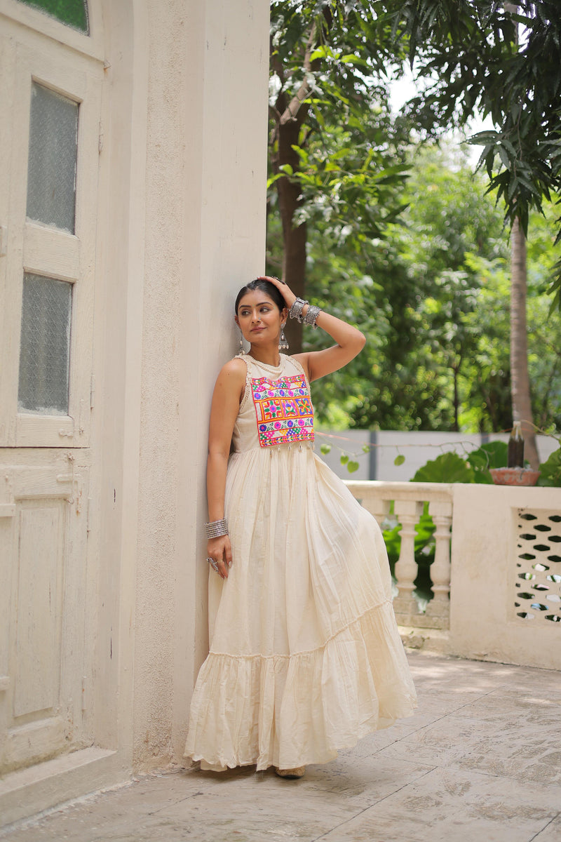 Womenline Off White Color Kora Cotton Navratri Lehenga Choli