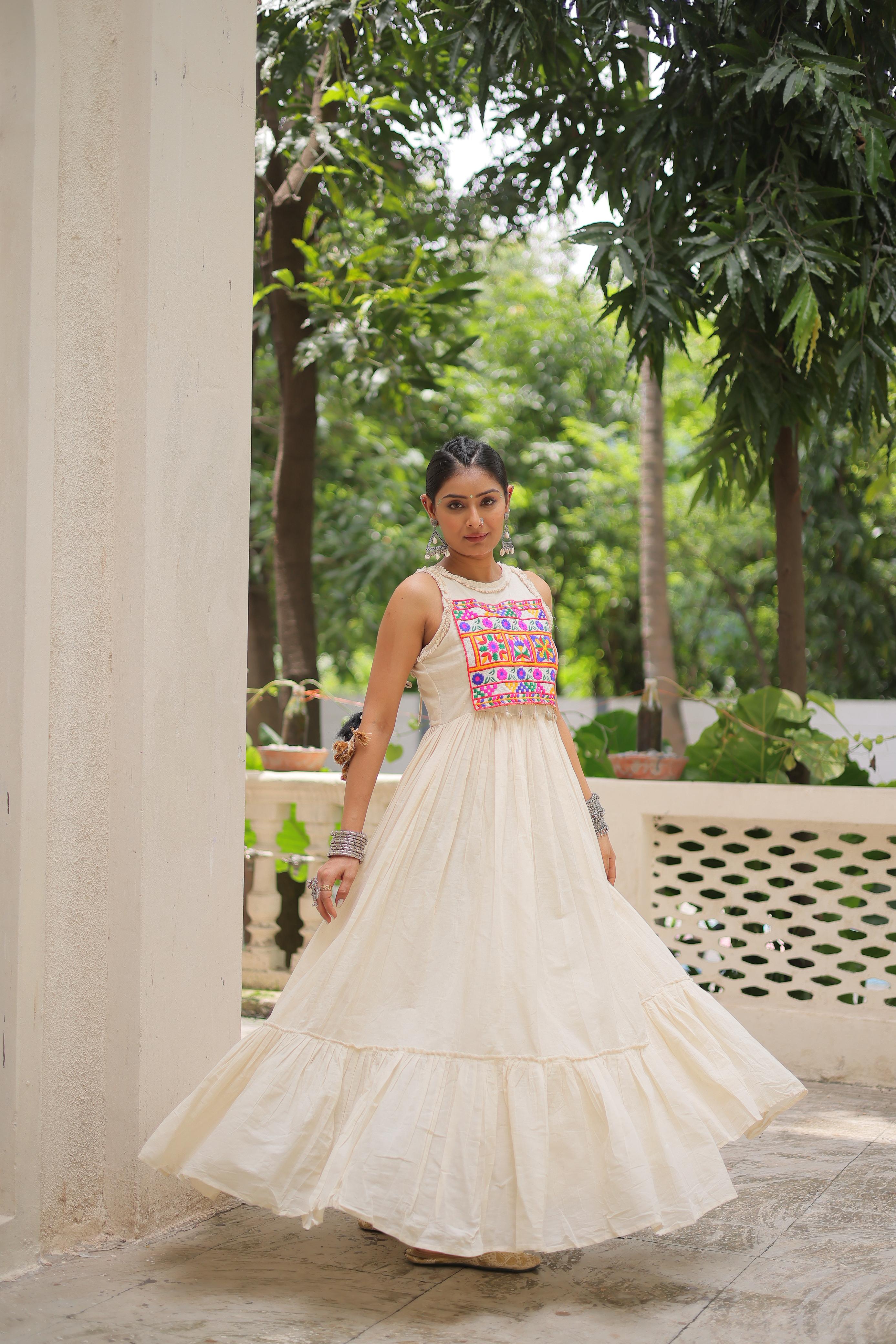 Womenline Off White Color Kora Cotton Navratri Lehenga Choli