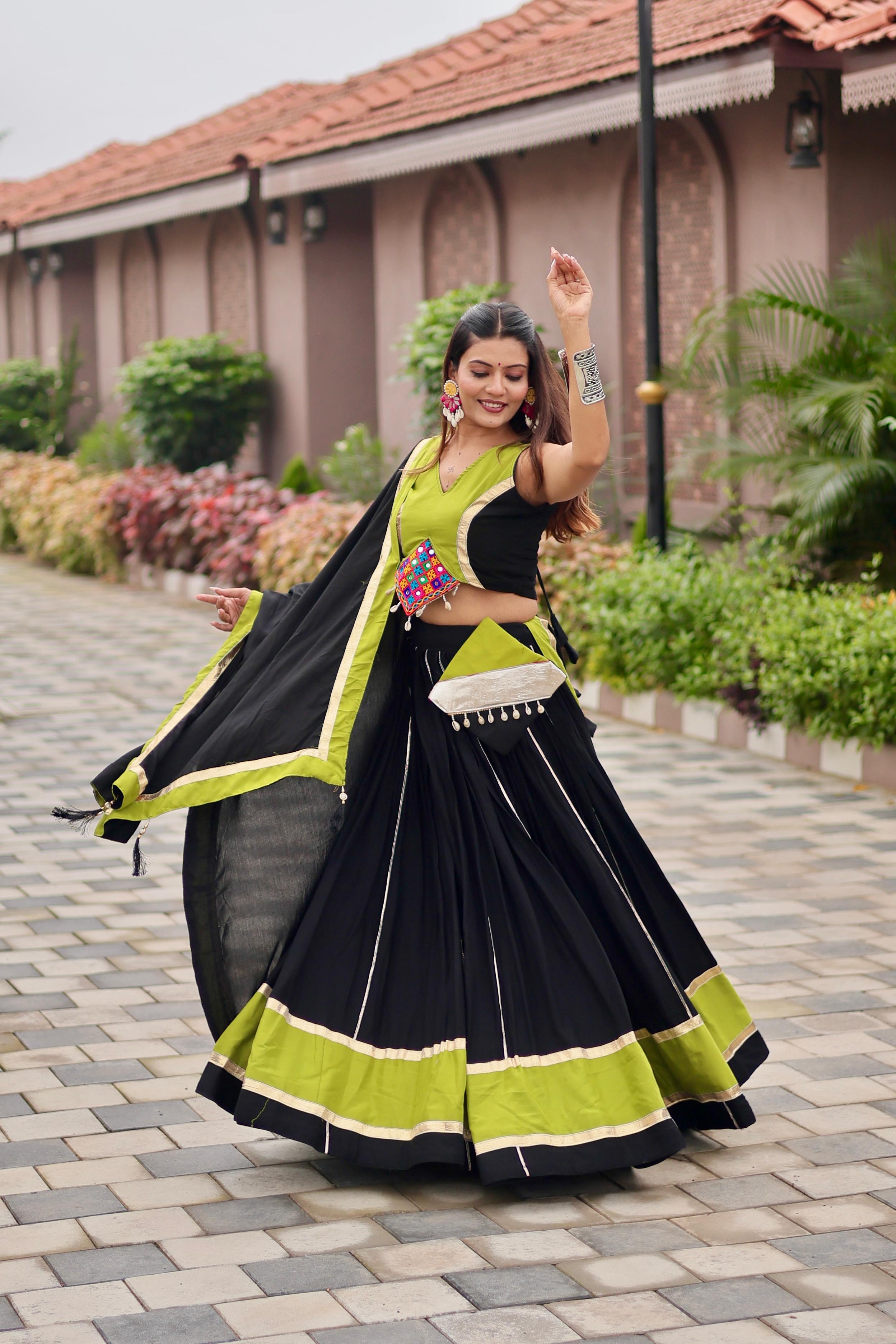 Womenline Black Color Cotton Gamthi Work Navratri Lehenga Choli