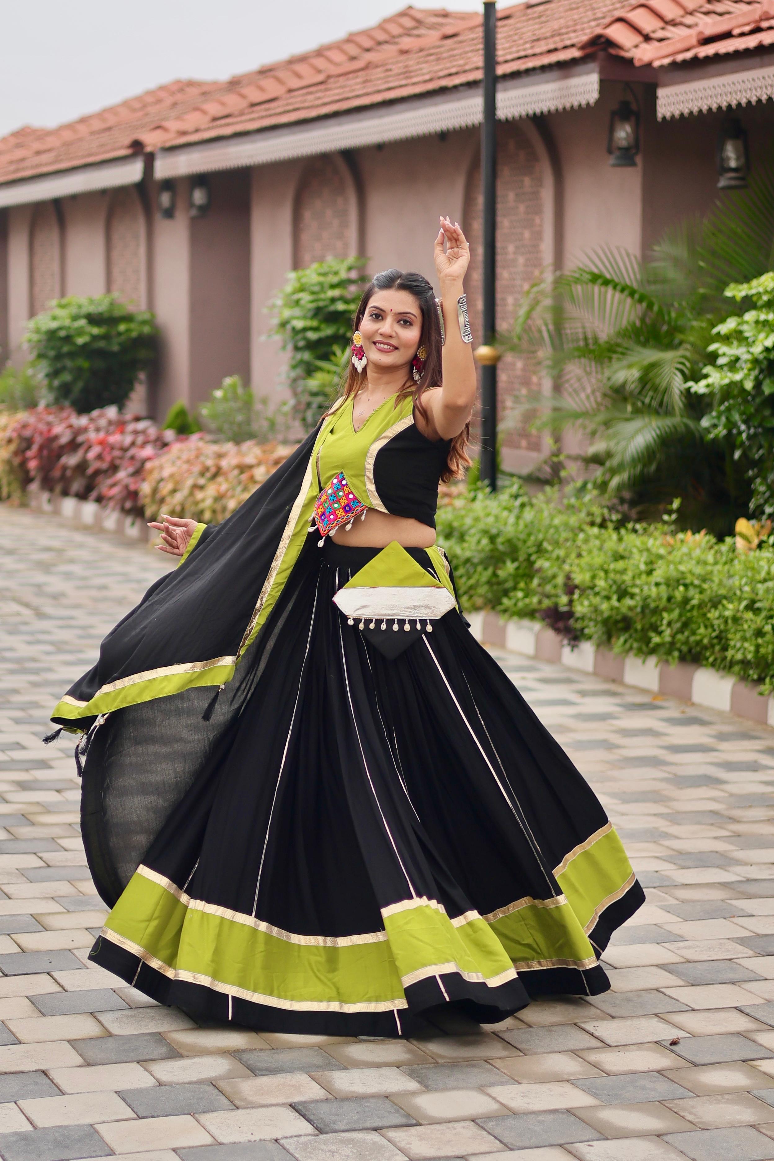 Womenline Black Color Cotton Gamthi Work Navratri Lehenga Choli