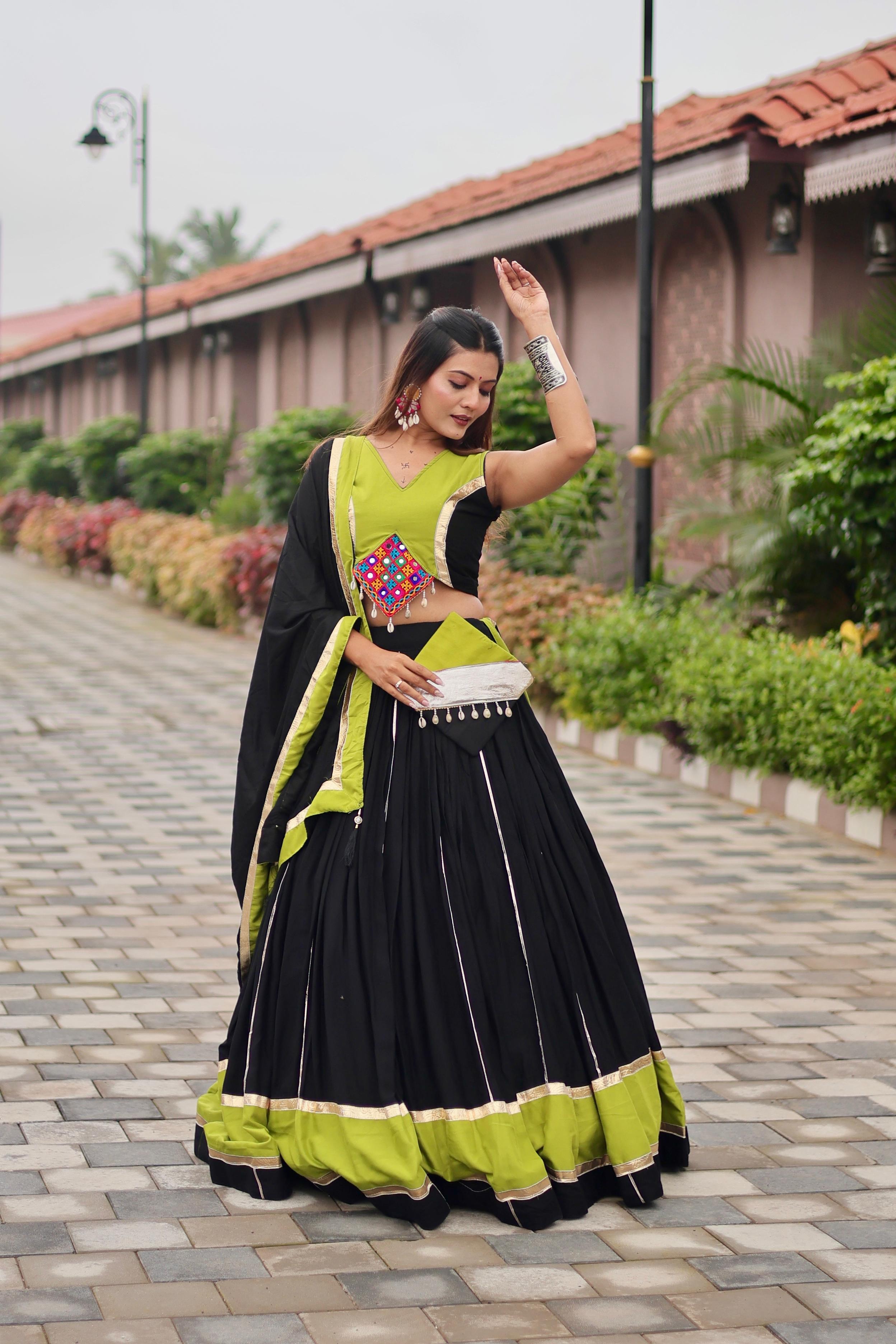 Womenline Black Color Cotton Gamthi Work Navratri Lehenga Choli