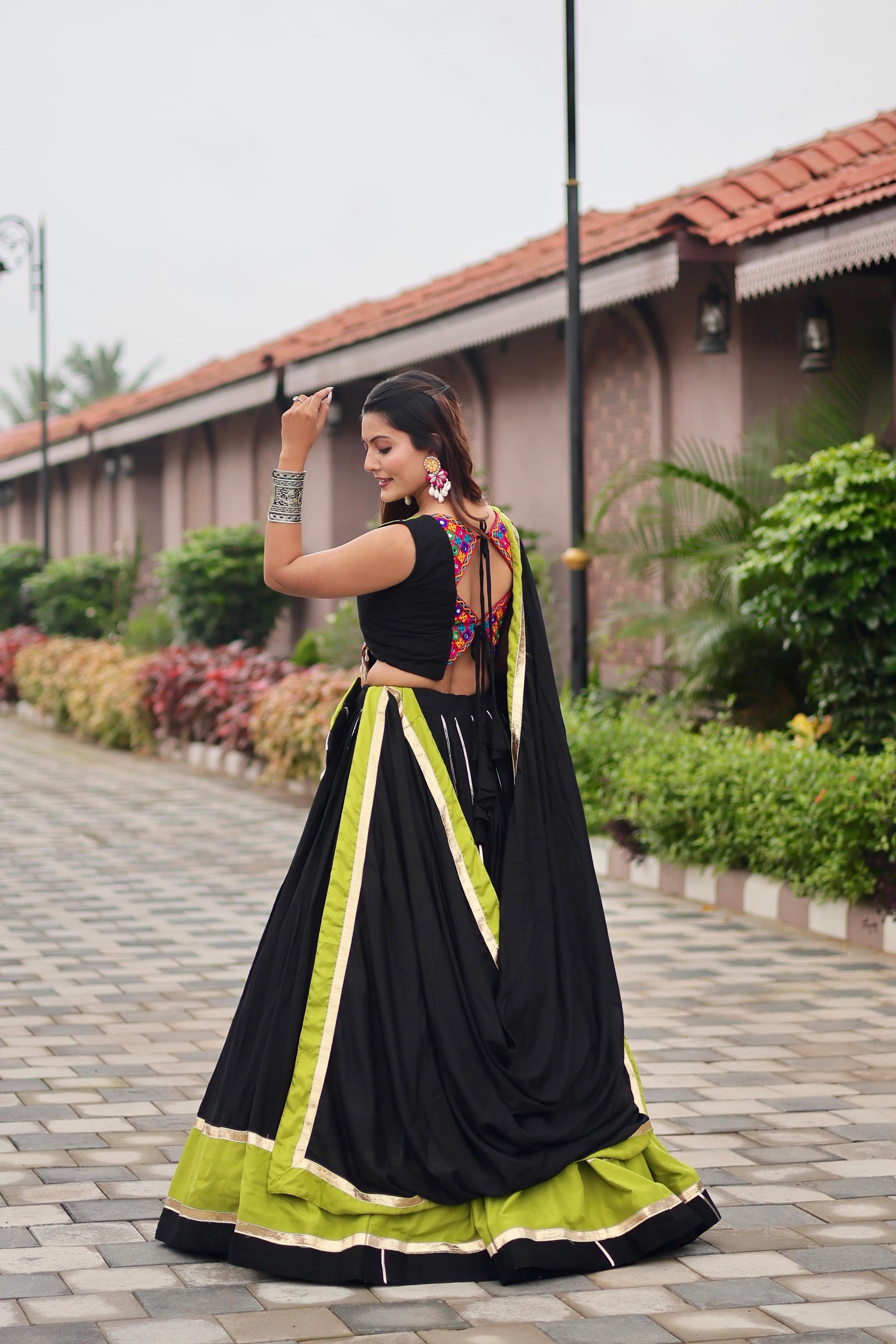 Womenline Black Color Cotton Gamthi Work Navratri Lehenga Choli