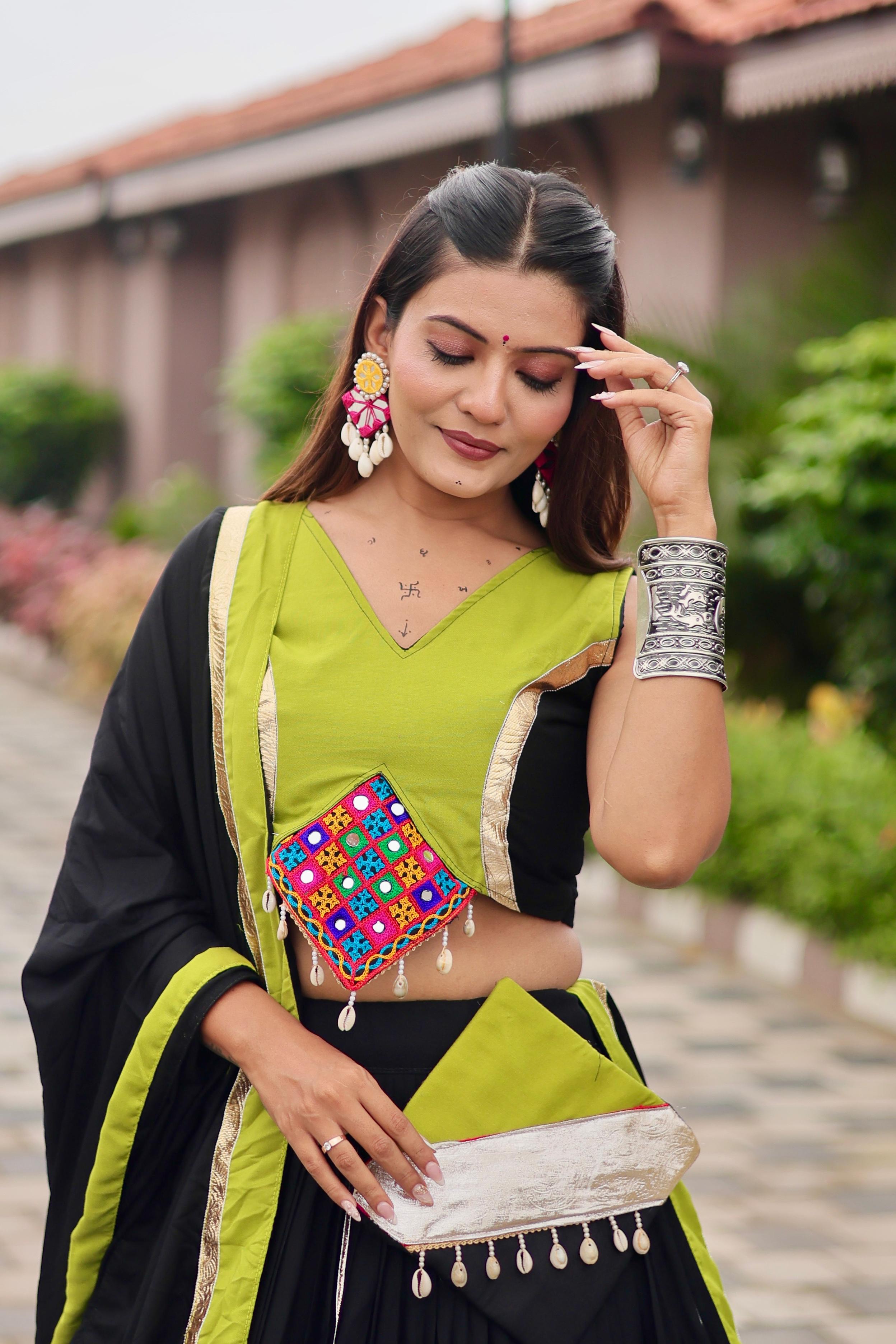 Womenline Black Color Cotton Gamthi Work Navratri Lehenga Choli