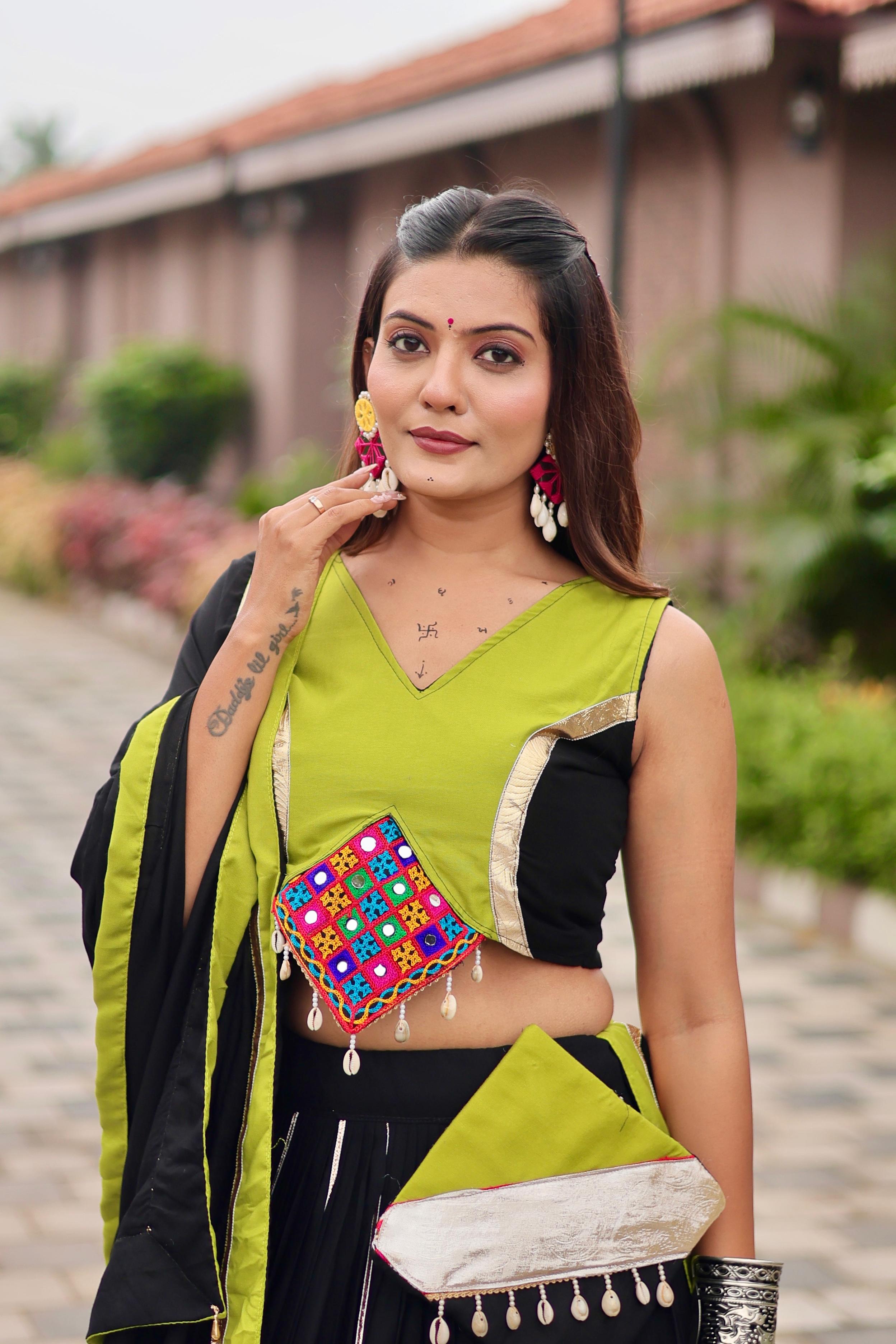 Womenline Black Color Cotton Gamthi Work Navratri Lehenga Choli