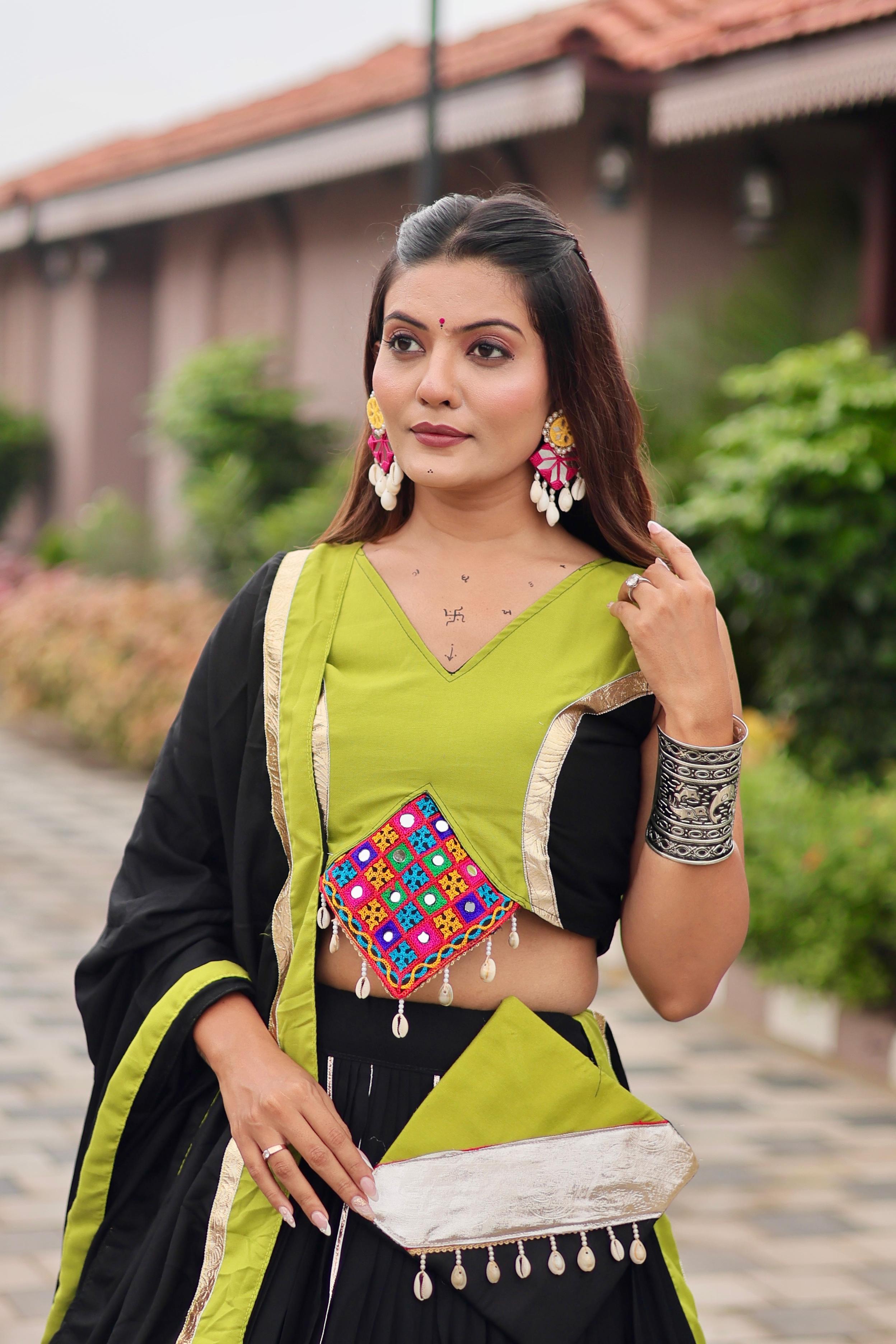 Womenline Black Color Cotton Gamthi Work Navratri Lehenga Choli