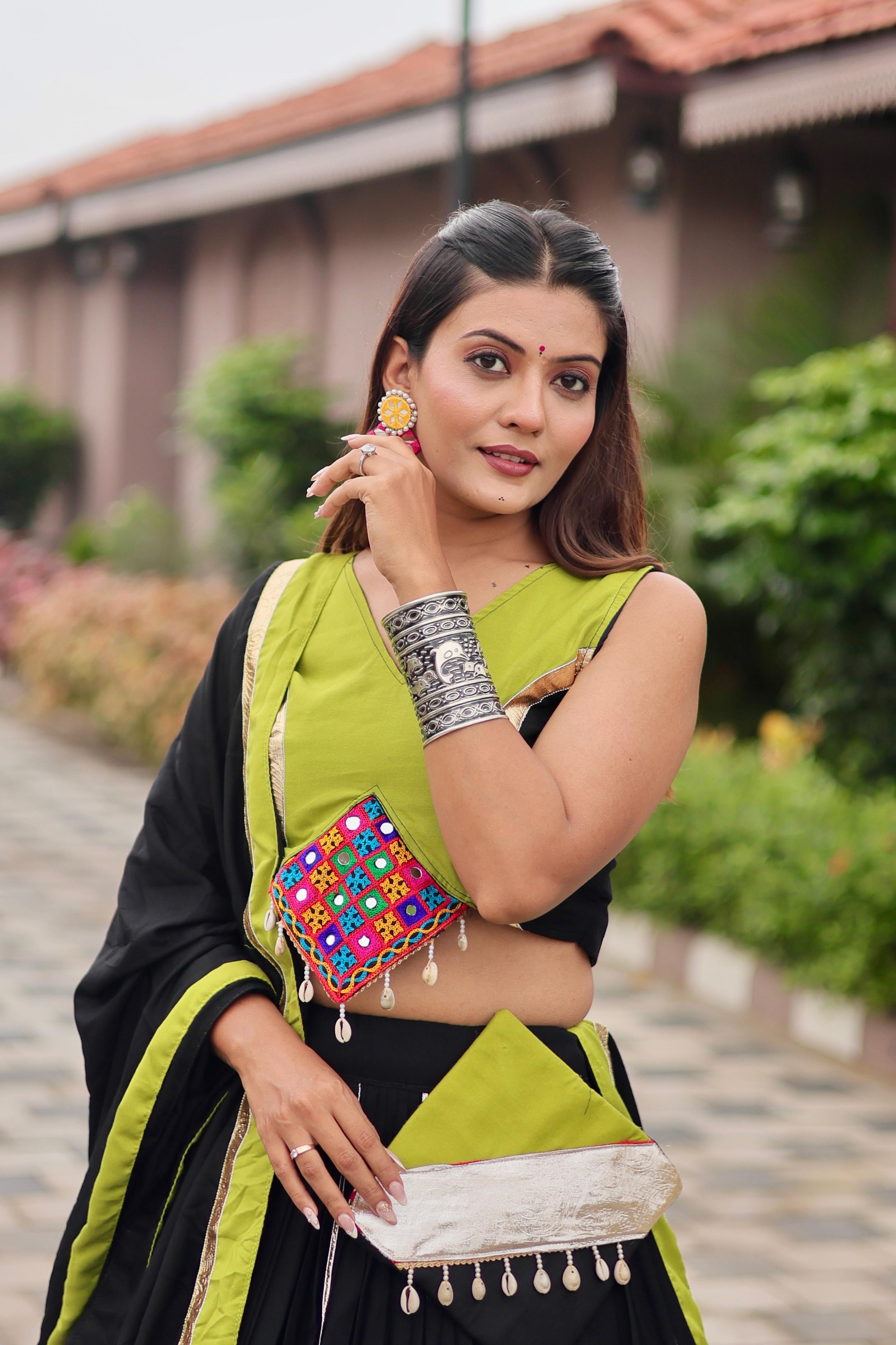 Womenline Black Color Cotton Gamthi Work Navratri Lehenga Choli