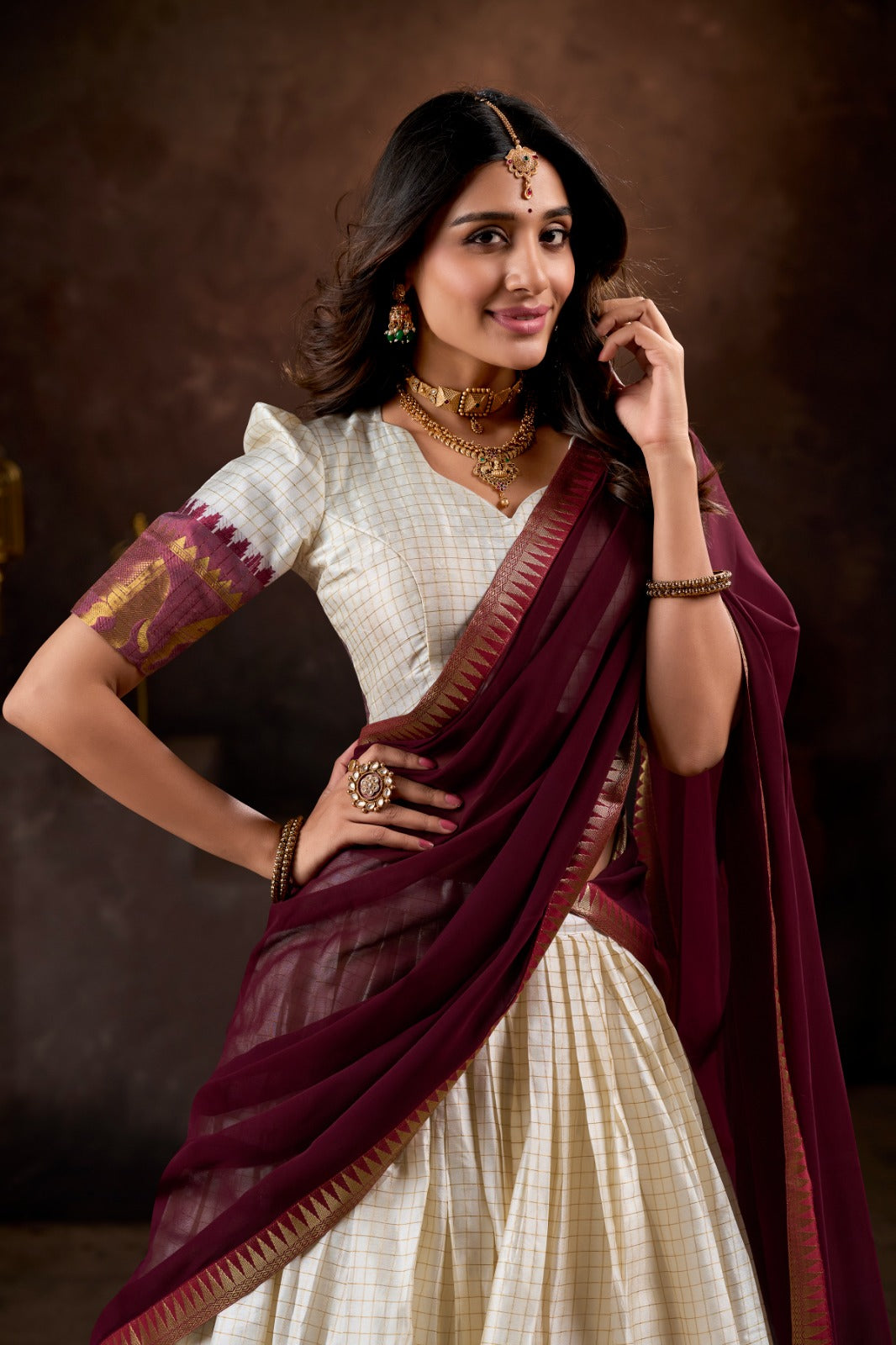 Womenline White And Maroon Color Poly Cotton Chex Navratri Half Saree