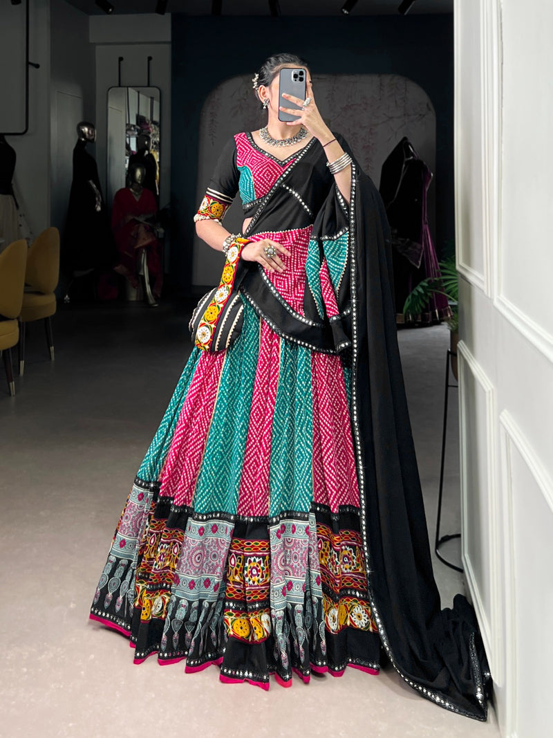 Womenline Sky And Pink Bandhej And Ajarakh Print Rayon Navratri Lehenga Choli