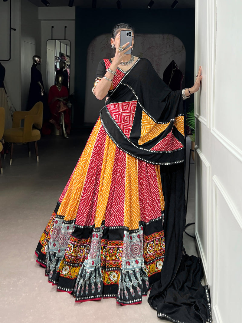 Womenline Red And Yellow Bandhej And Ajarakh Print Rayon Navratri Lehenga Choli