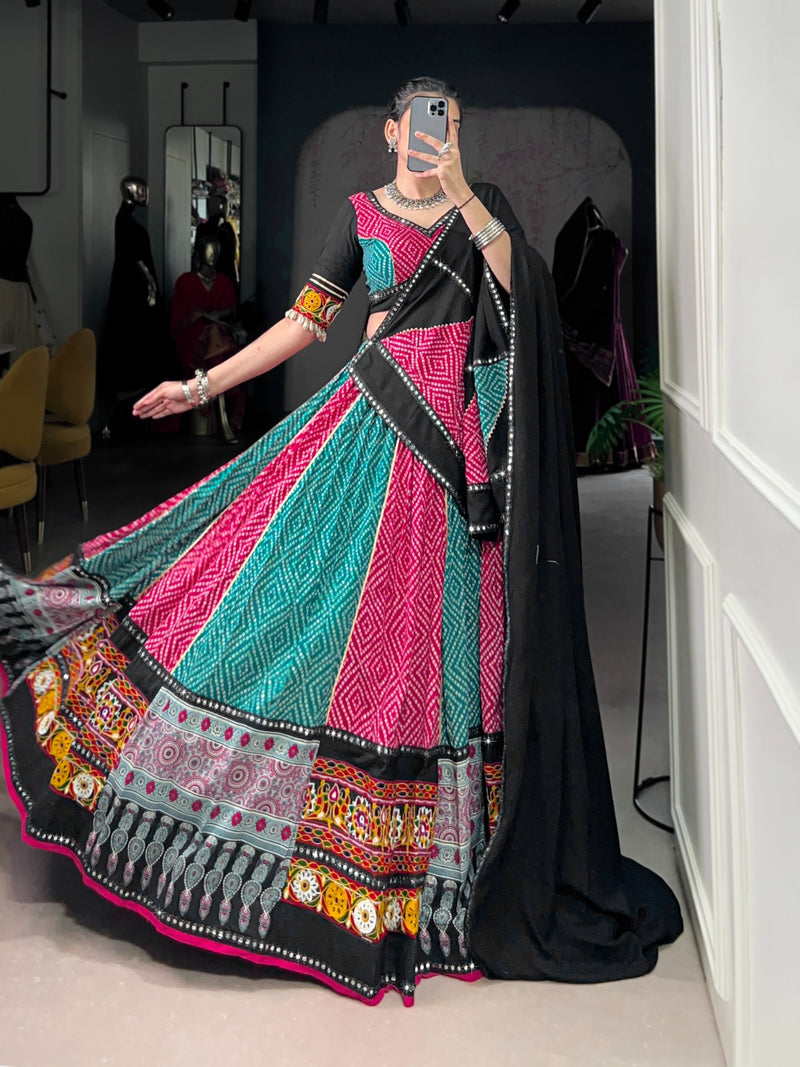 Womenline Sky And Pink Bandhej And Ajarakh Print Rayon Navratri Lehenga Choli