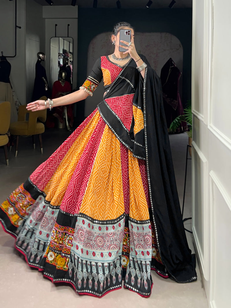 Womenline Red And Yellow Bandhej And Ajarakh Print Rayon Navratri Lehenga Choli