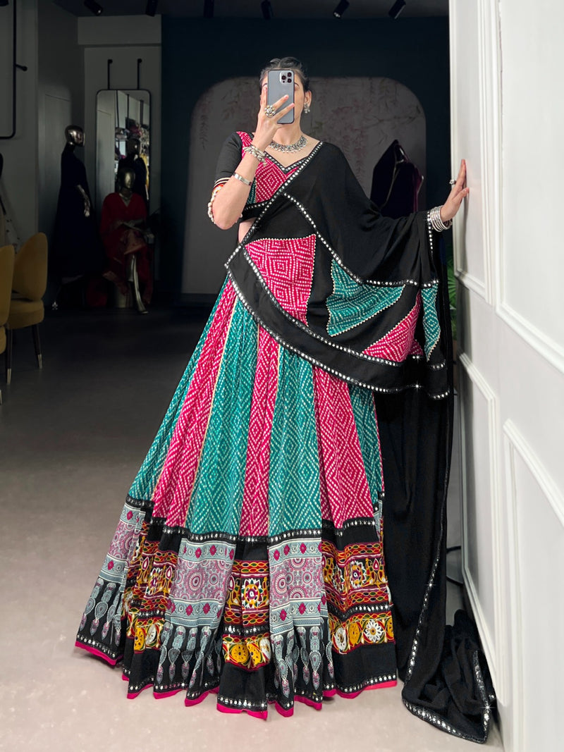 Womenline Sky And Pink Bandhej And Ajarakh Print Rayon Navratri Lehenga Choli