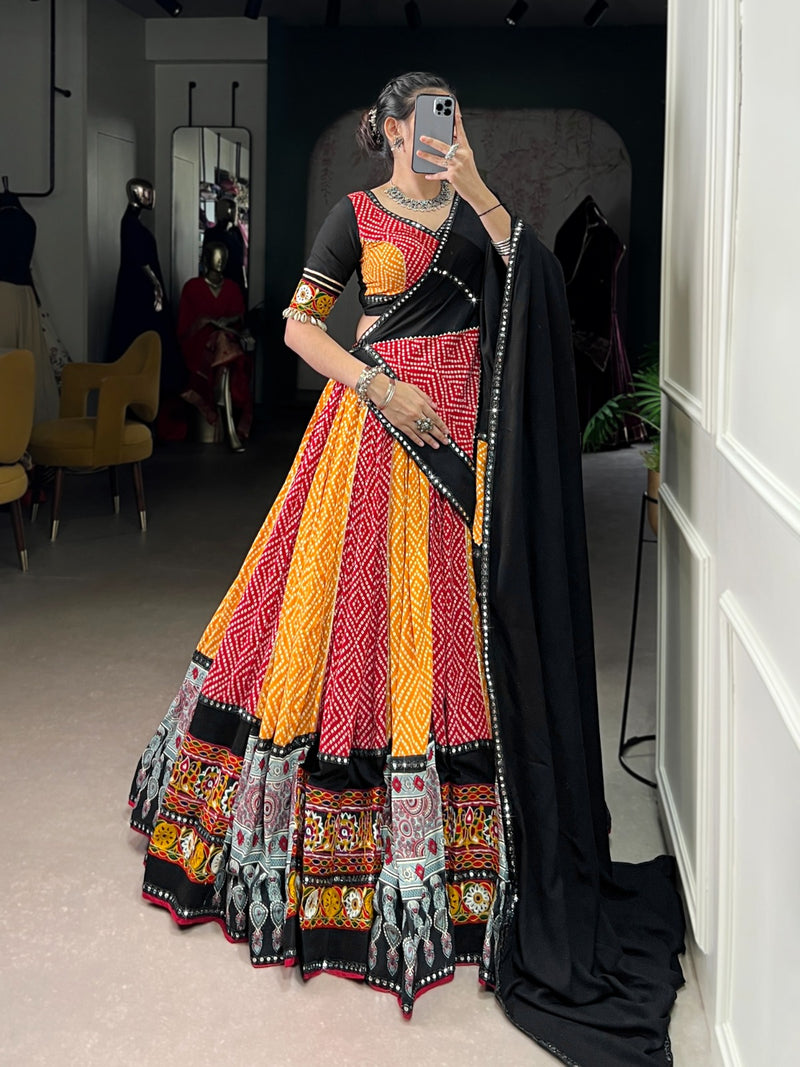 Womenline Red And Yellow Bandhej And Ajarakh Print Rayon Navratri Lehenga Choli