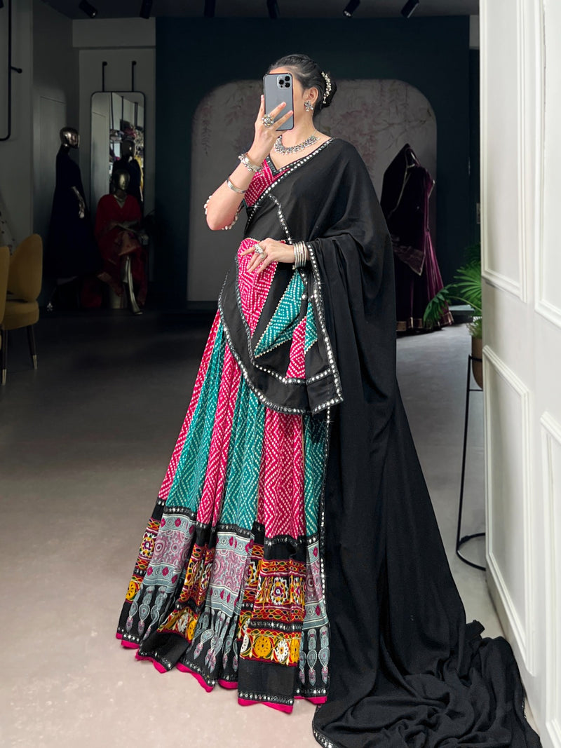 Womenline Sky And Pink Bandhej And Ajarakh Print Rayon Navratri Lehenga Choli
