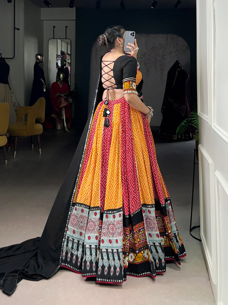 Womenline Red And Yellow Bandhej And Ajarakh Print Rayon Navratri Lehenga Choli
