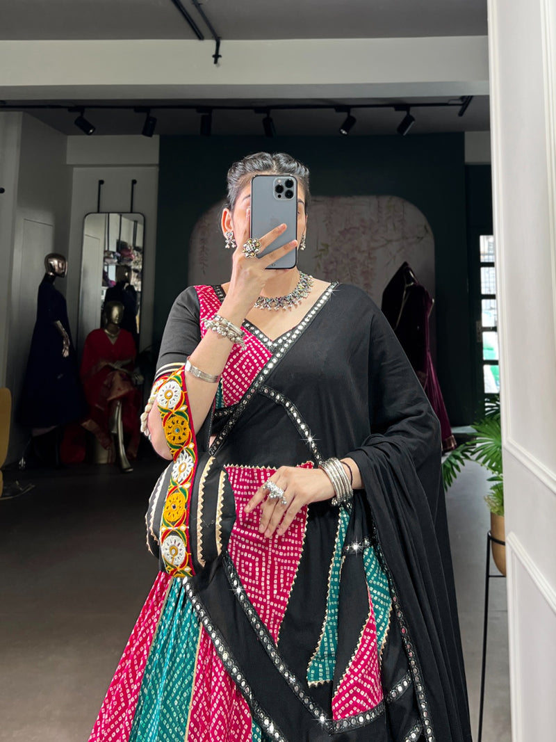 Womenline Sky And Pink Bandhej And Ajarakh Print Rayon Navratri Lehenga Choli
