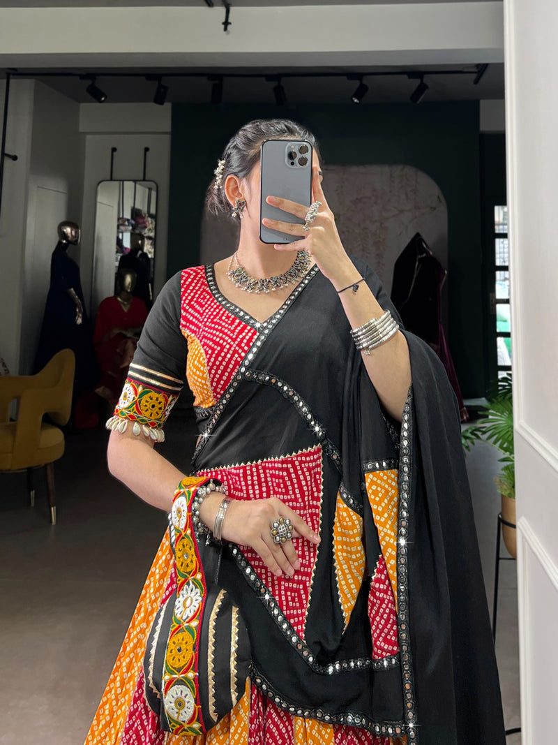 Womenline Red And Yellow Bandhej And Ajarakh Print Rayon Navratri Lehenga Choli