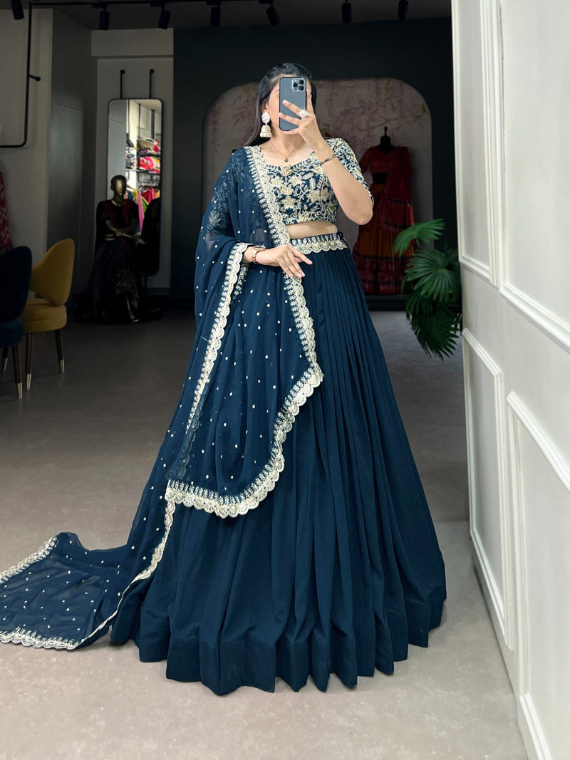 Womenline Teal Green Color Georgette Embroidered Lehenga Choli