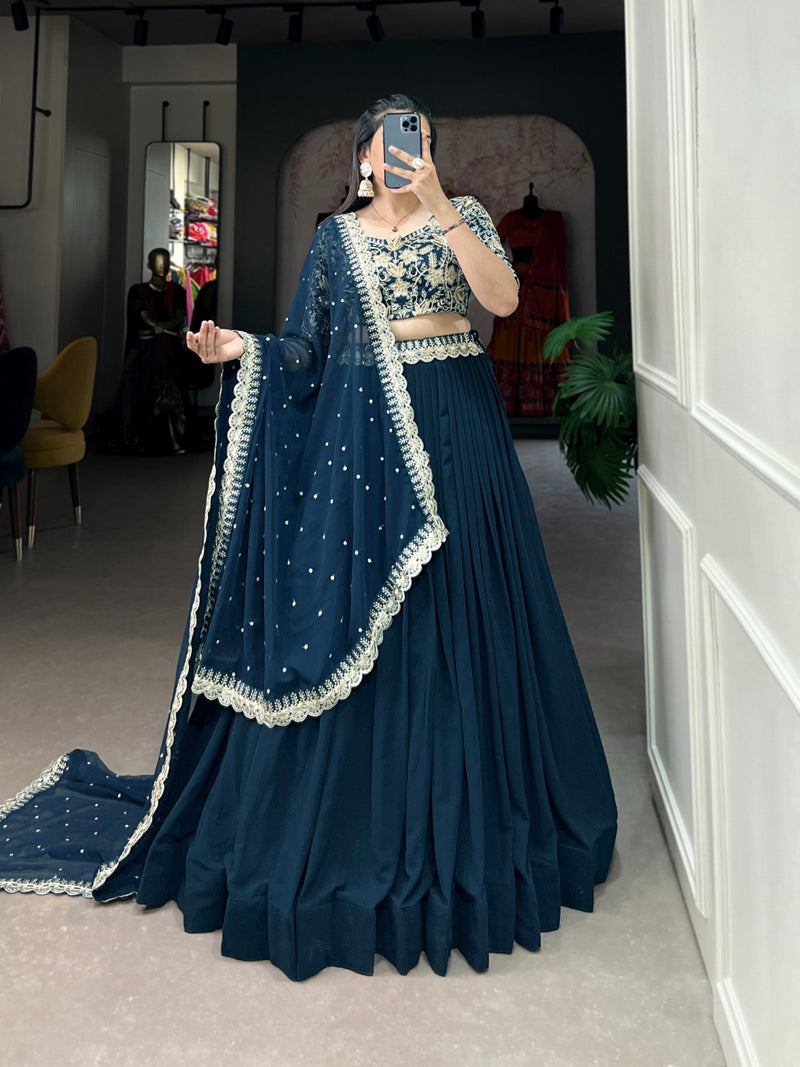 Womenline Teal Green Color Georgette Embroidered Lehenga Choli
