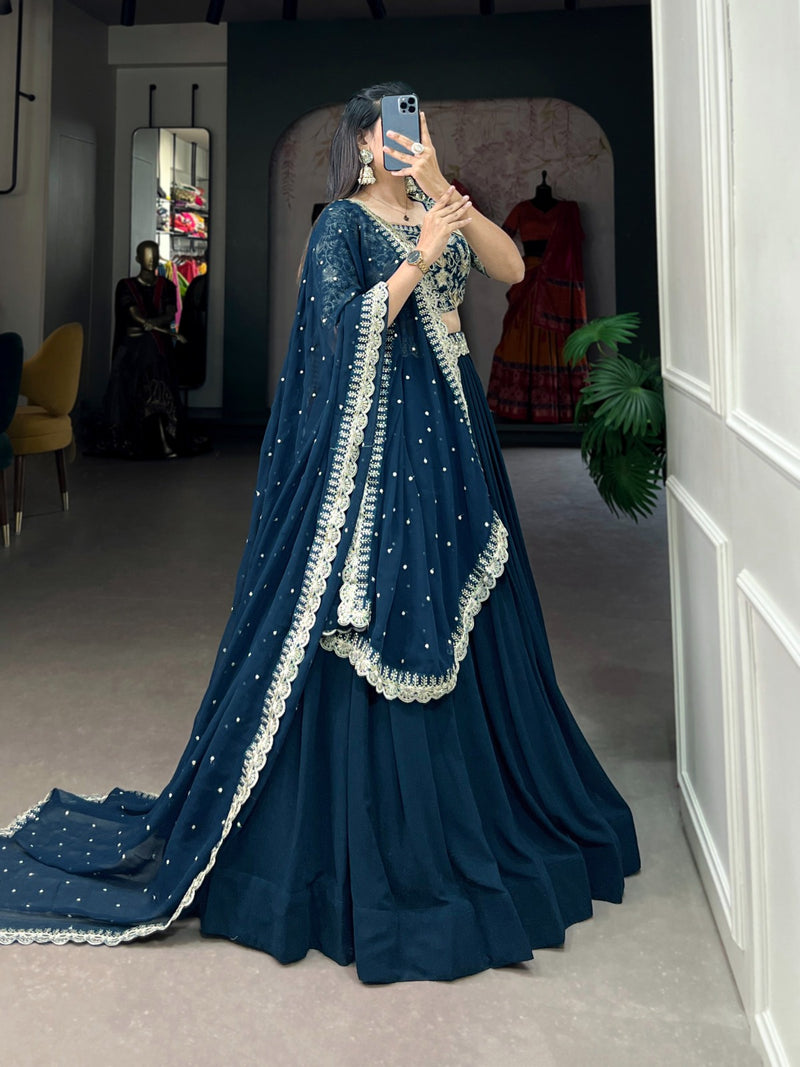Womenline Teal Green Color Georgette Embroidered Lehenga Choli
