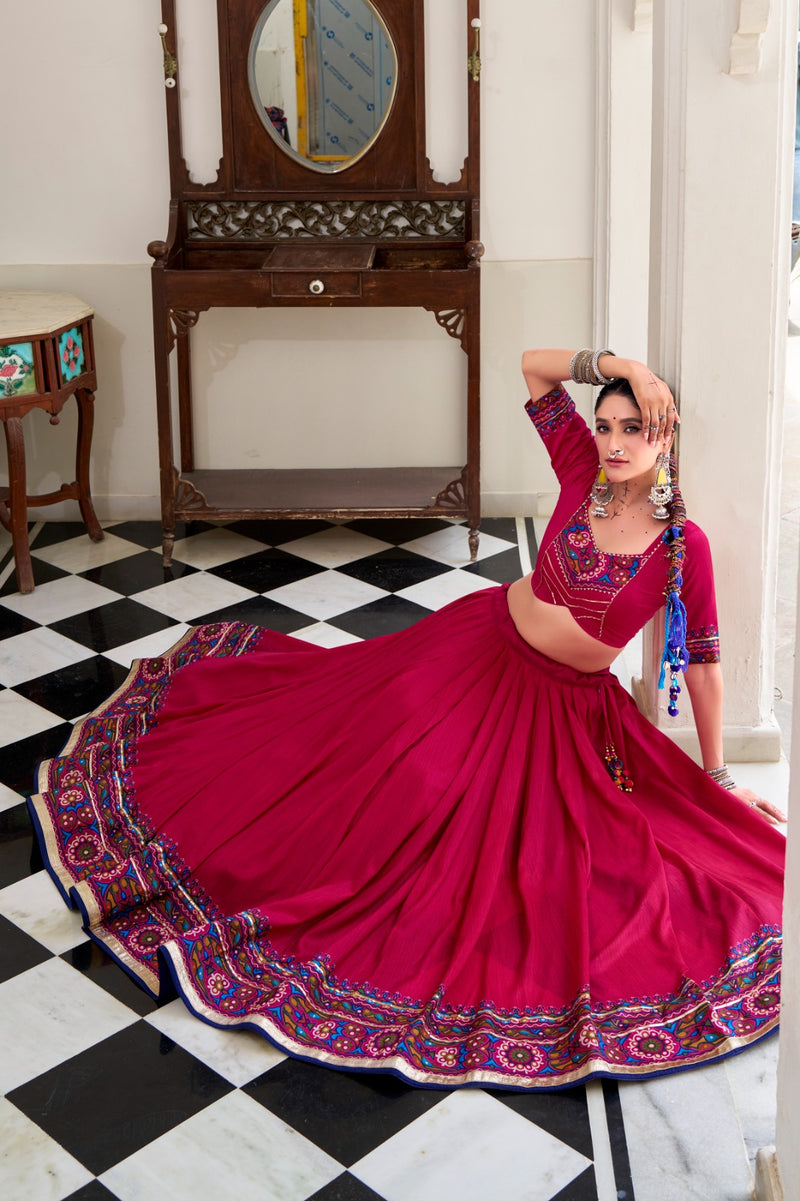 Womenline Pink Color Tussar Silk Full Stitched Navratri Lehenga Choli